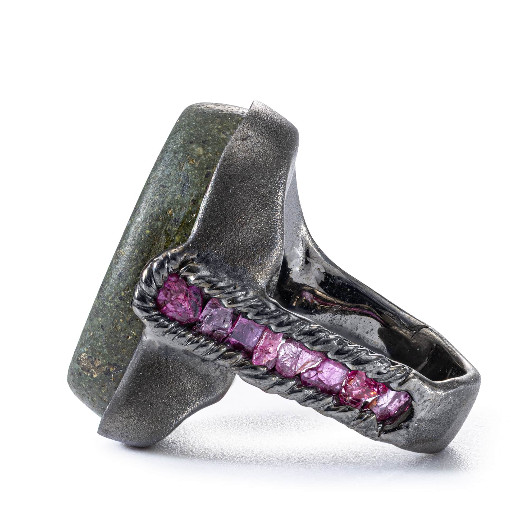 Thoth Silver Ring with Ancient Near Eastern Steatite Ibis Amulet & Natural Rough Ruby