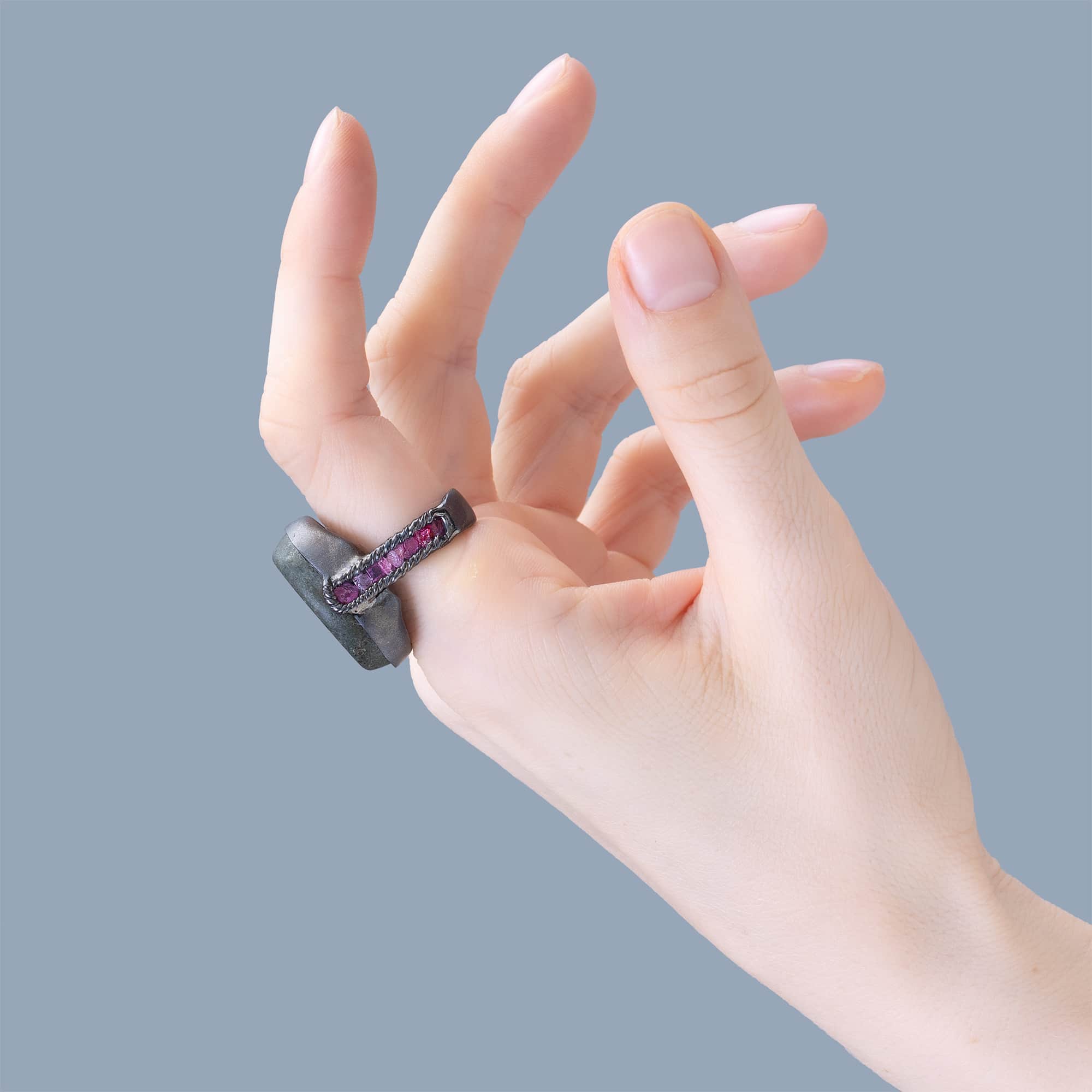 Thoth Silver Ring with Ancient Near Eastern Steatite Ibis Amulet & Natural Rough Ruby