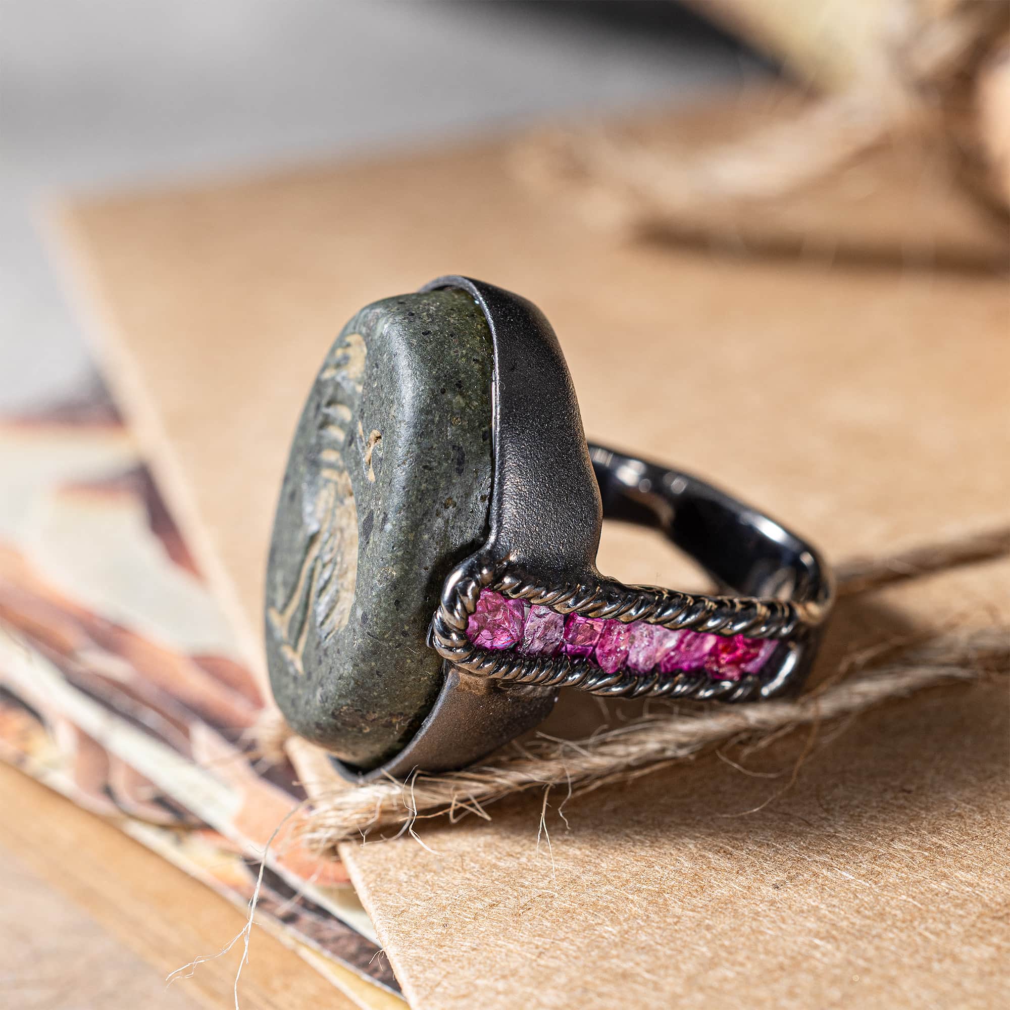 Thoth Silver Ring with Ancient Near Eastern Steatite Ibis Amulet & Natural Rough Ruby