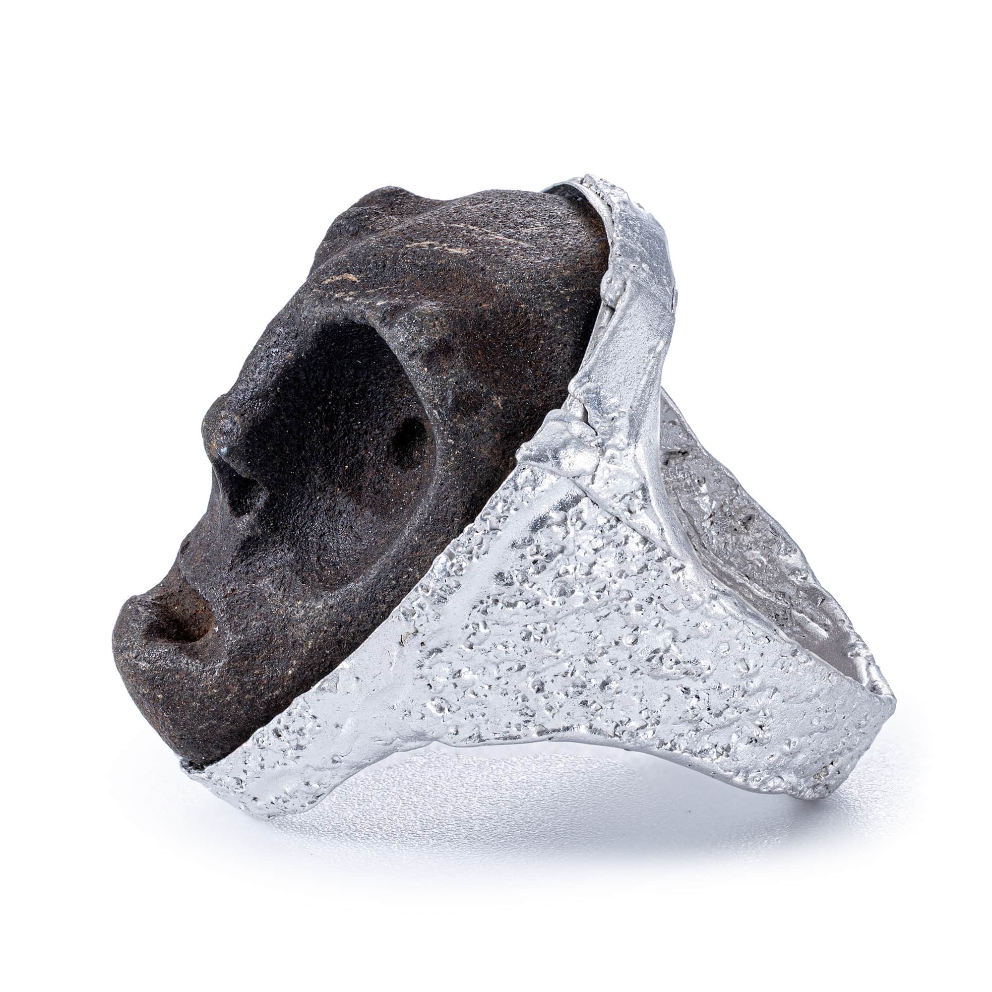 Moros Sterling Silver Ring with Ancient Mediterranean Limestone Maskette & Natural Rough Ruby