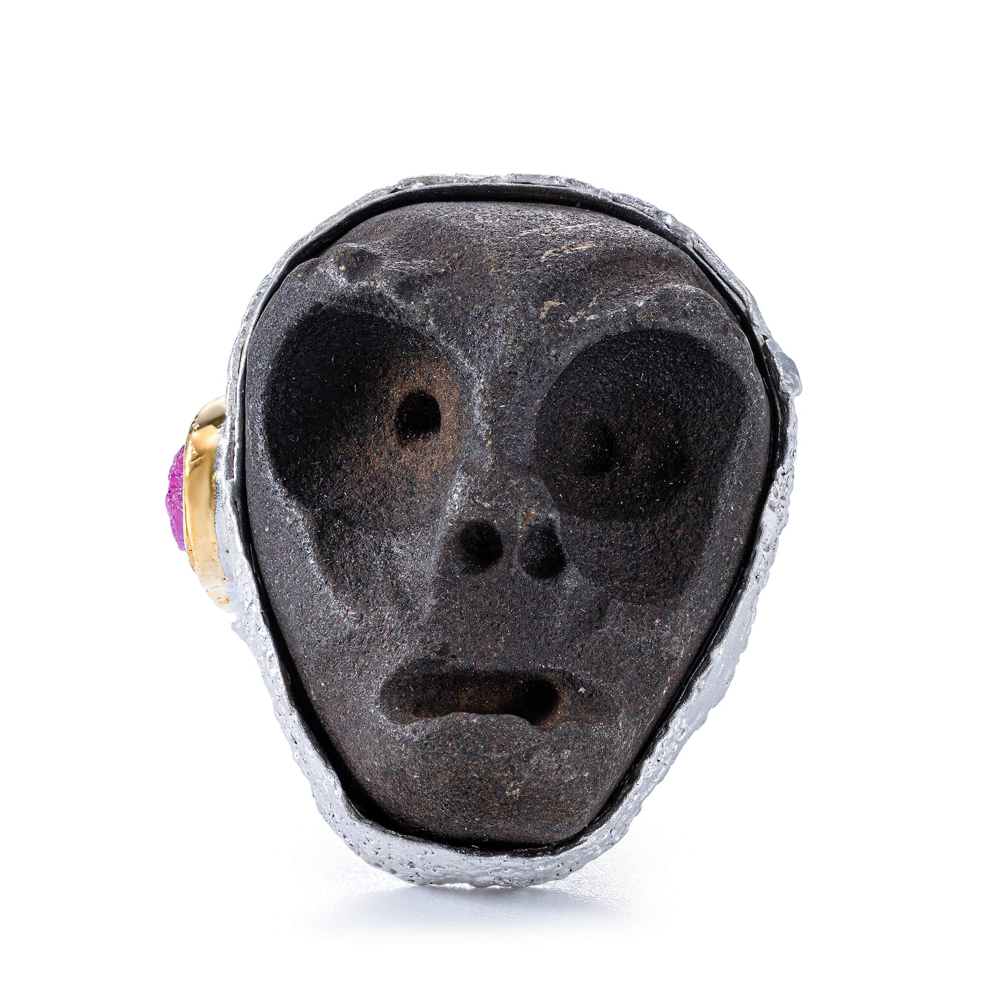 Moros Sterling Silver Ring with Ancient Mediterranean Limestone Maskette & Natural Rough Ruby