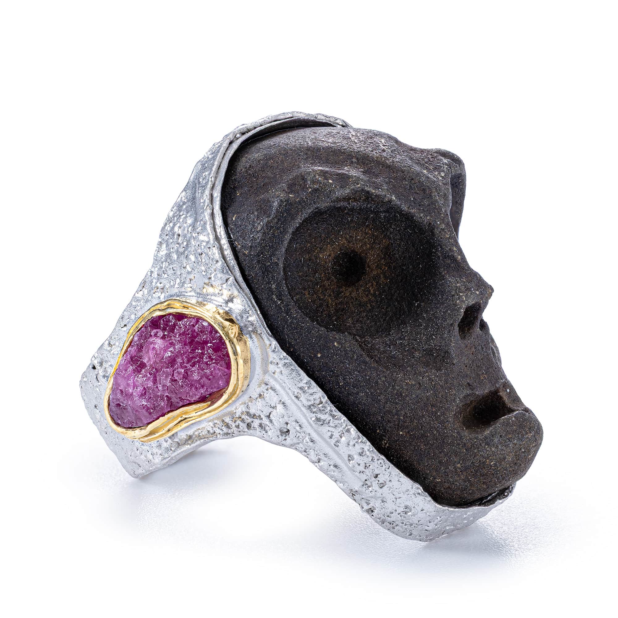 Moros Sterling Silver Ring with Ancient Mediterranean Limestone Maskette & Natural Rough Ruby