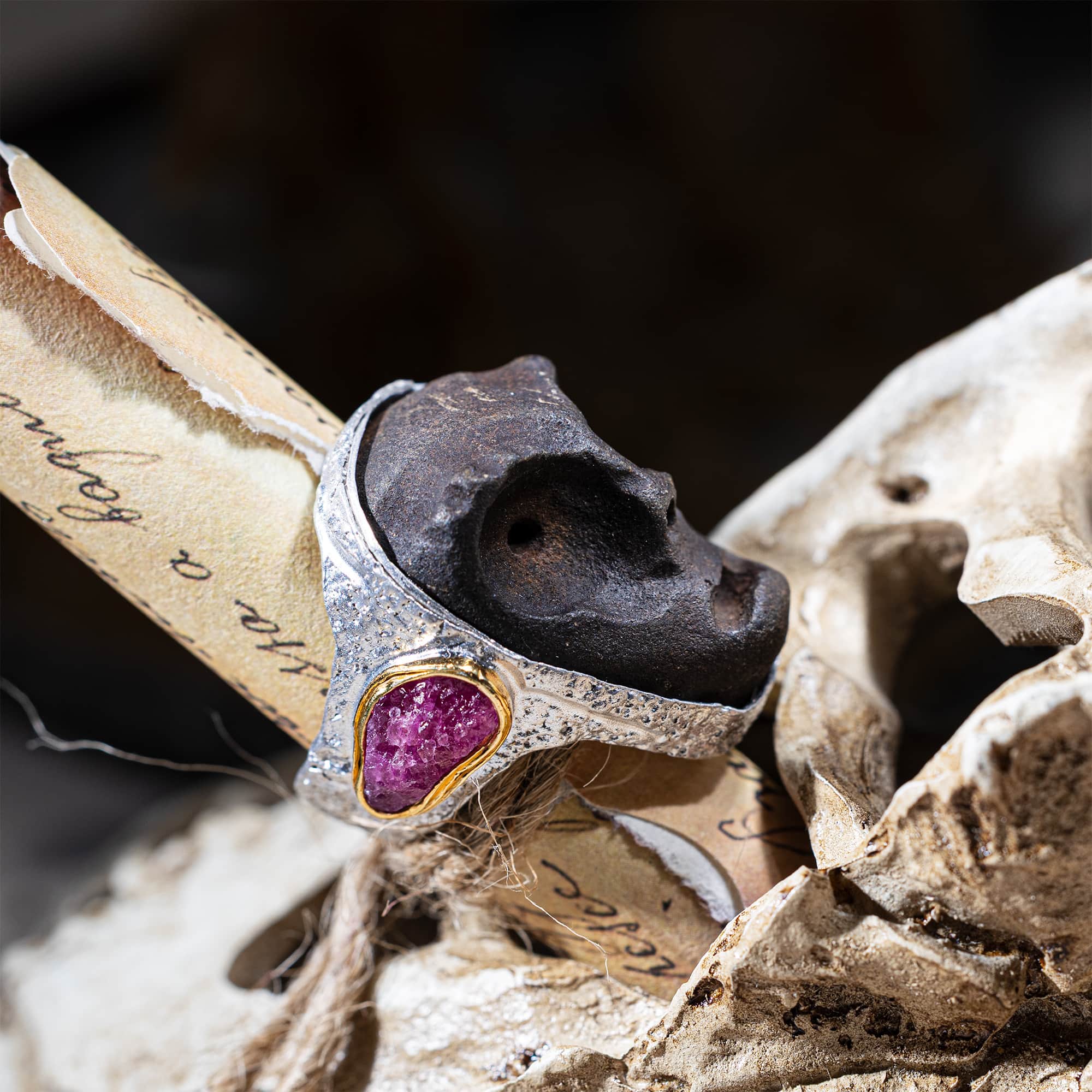 Moros Sterling Silver Ring with Ancient Mediterranean Limestone Maskette & Natural Rough Ruby