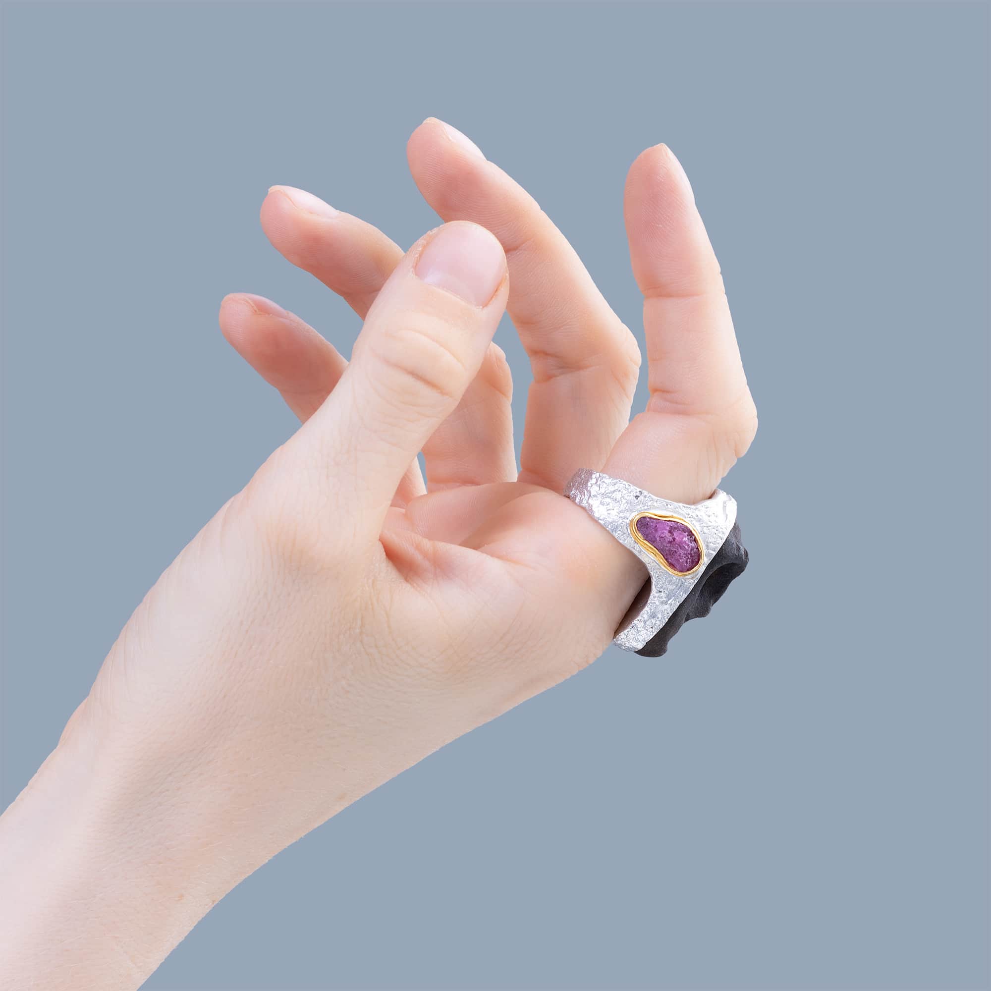 Moros Sterling Silver Ring with Ancient Mediterranean Limestone Maskette & Natural Rough Ruby