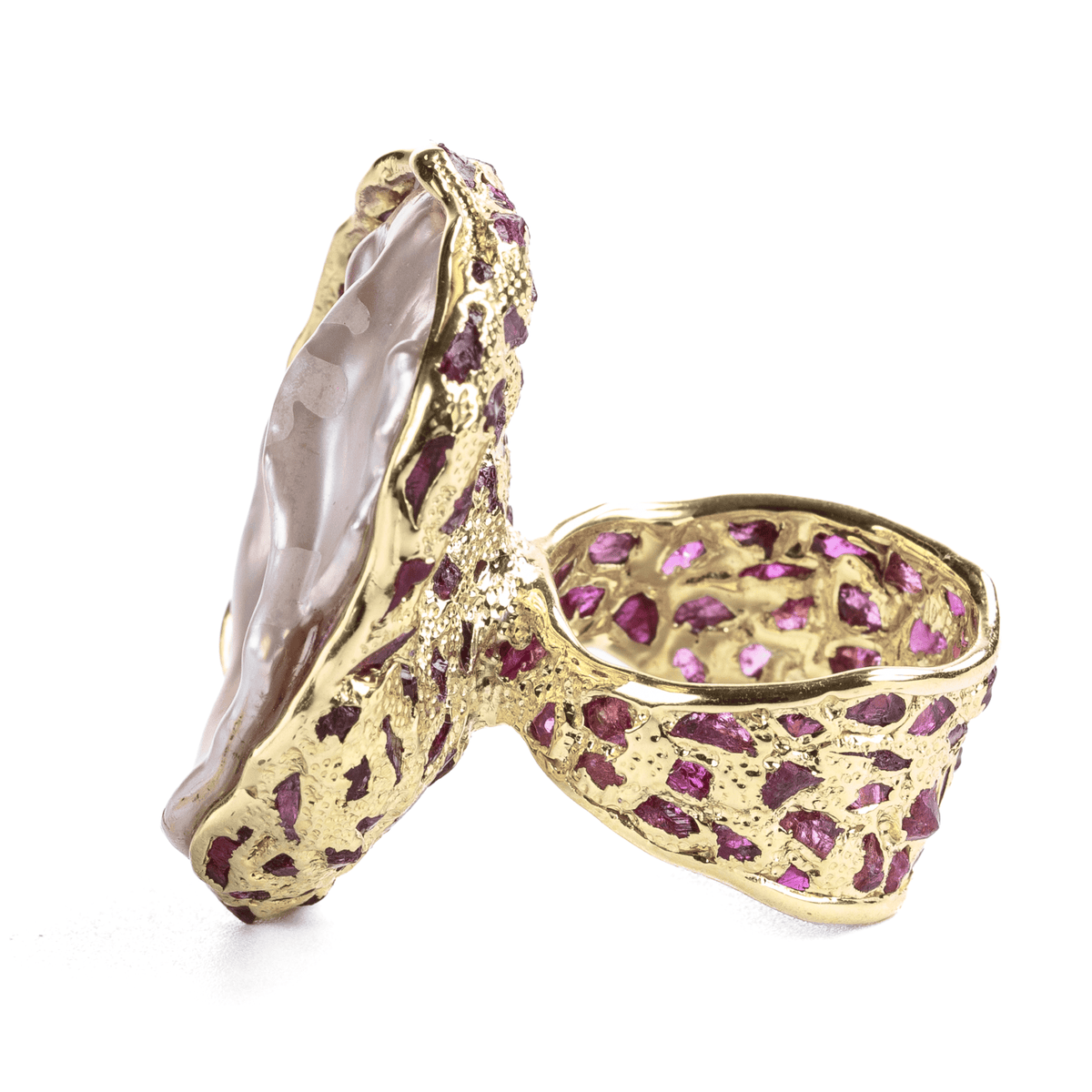 Desher Singular Edition Natural Baroque Pearl & Raw Ruby Silver Ring