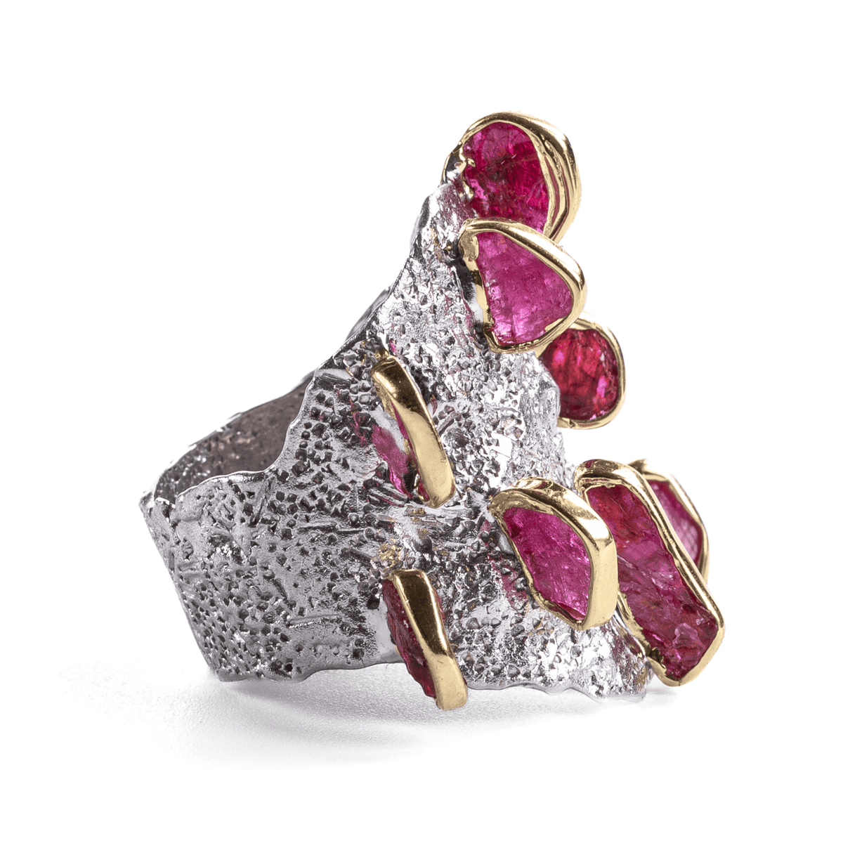 Akhu Singular Edition Wide Band Natural Raw Ruby Silver Ring