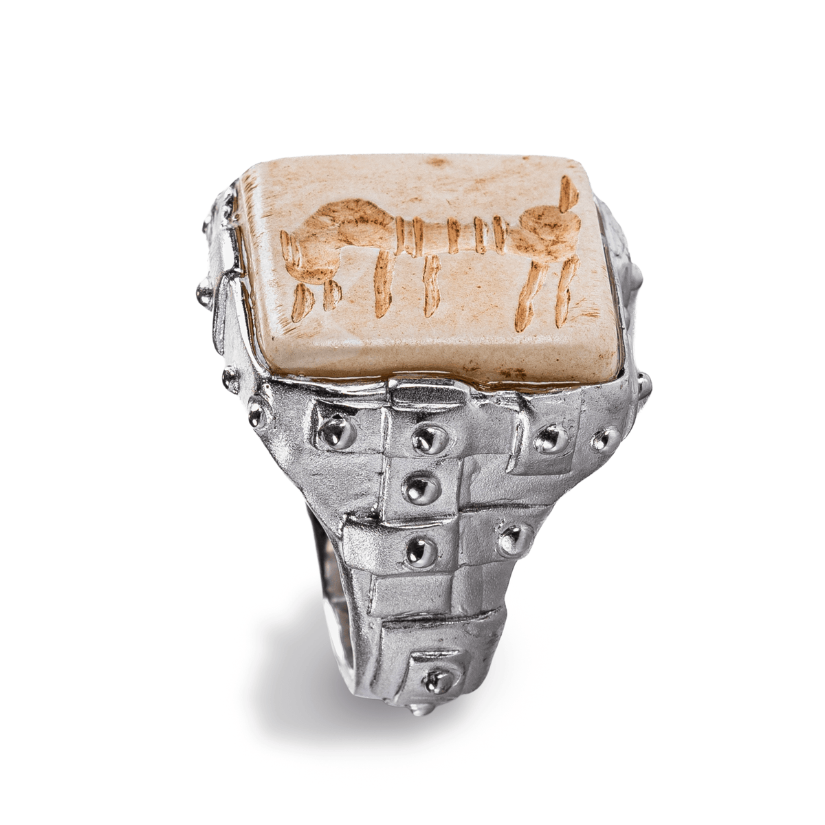 Gemma Modern Designer Silver Stamp Seal Ring with Ancient Amulet