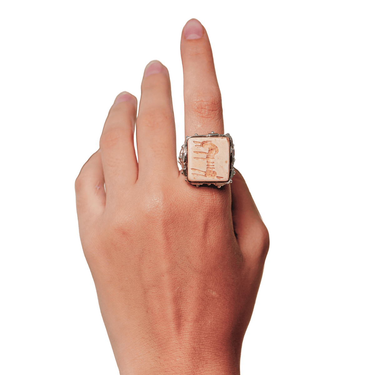 Gemma Modern Designer Silver Stamp Seal Ring with Ancient Amulet