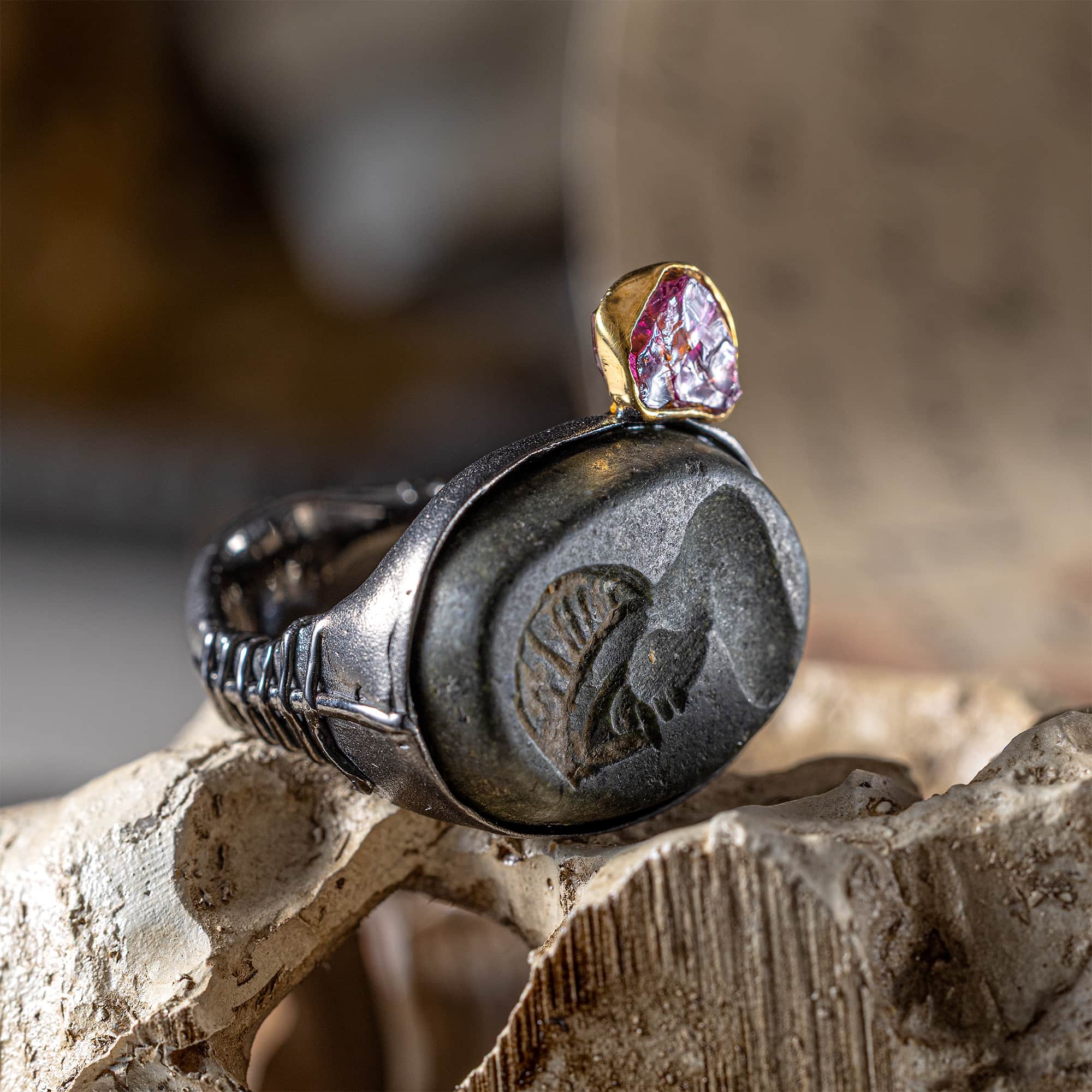 Faravahr Sterling Silver Ring with Antique Near Eastern Sasanian Hemispherical Stamp & Raw Ruby