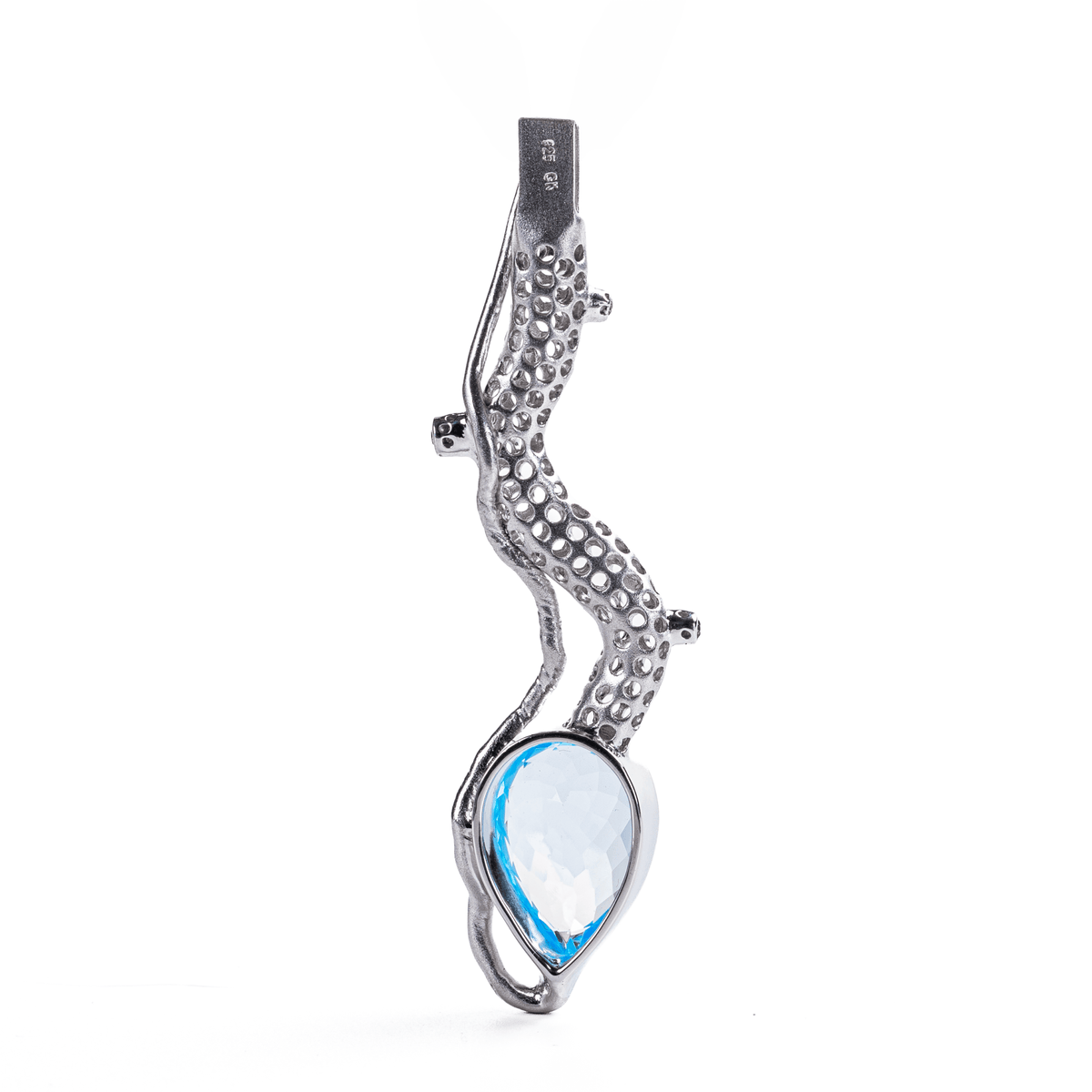 Clarus Singular Edition Natural Pear Cut Large Blue Topaz & Little Green Sapphires Silver Pendant