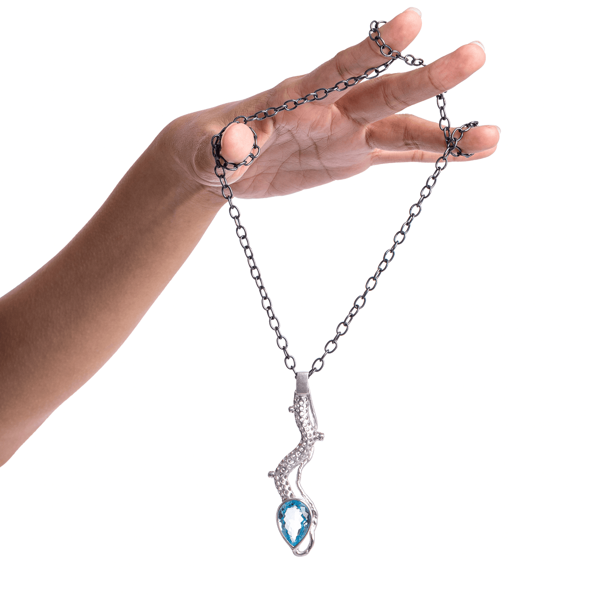 Clarus Singular Edition Natural Pear Cut Large Blue Topaz & Little Green Sapphires Silver Pendant