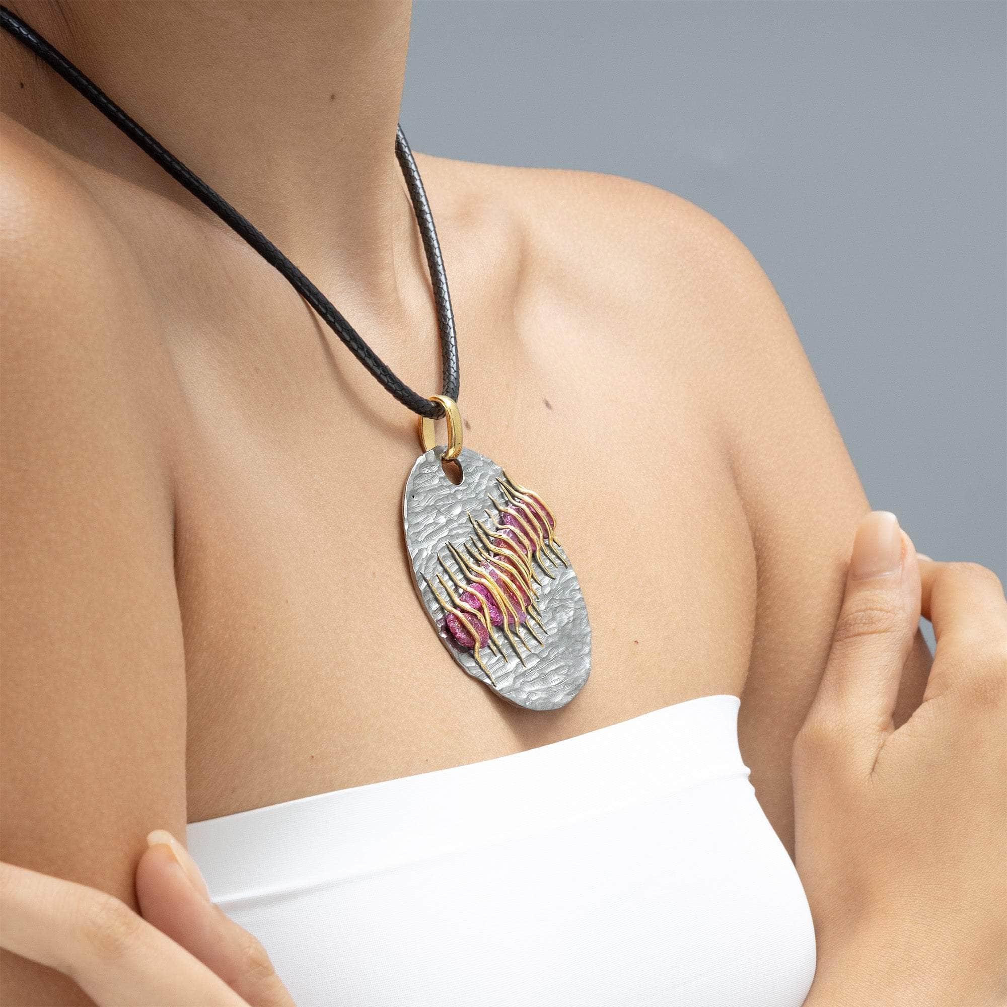 Brav Handmade Signature Silver Pendant with Natural Rough Ruby Crystals