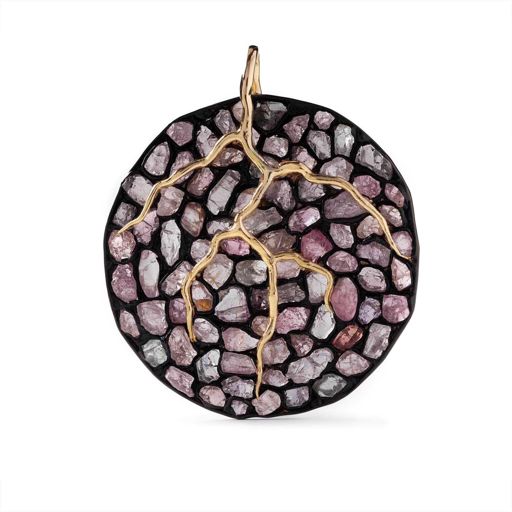 Sift Singular Design Natural Rough Spinel Pendant in 925 Sterling Silver Plated with 18K Gold and Anthracite