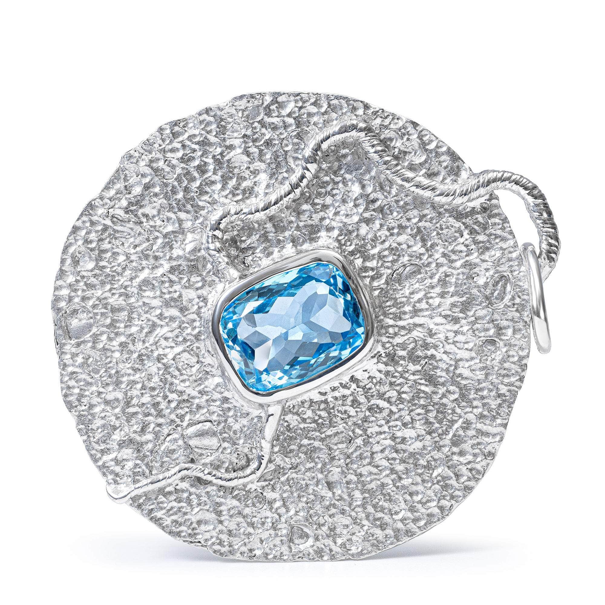 Oread One Of A Kind Disc Pendant in Textured 925 Sterling Silver with Cushion-Cut Blue Topaz