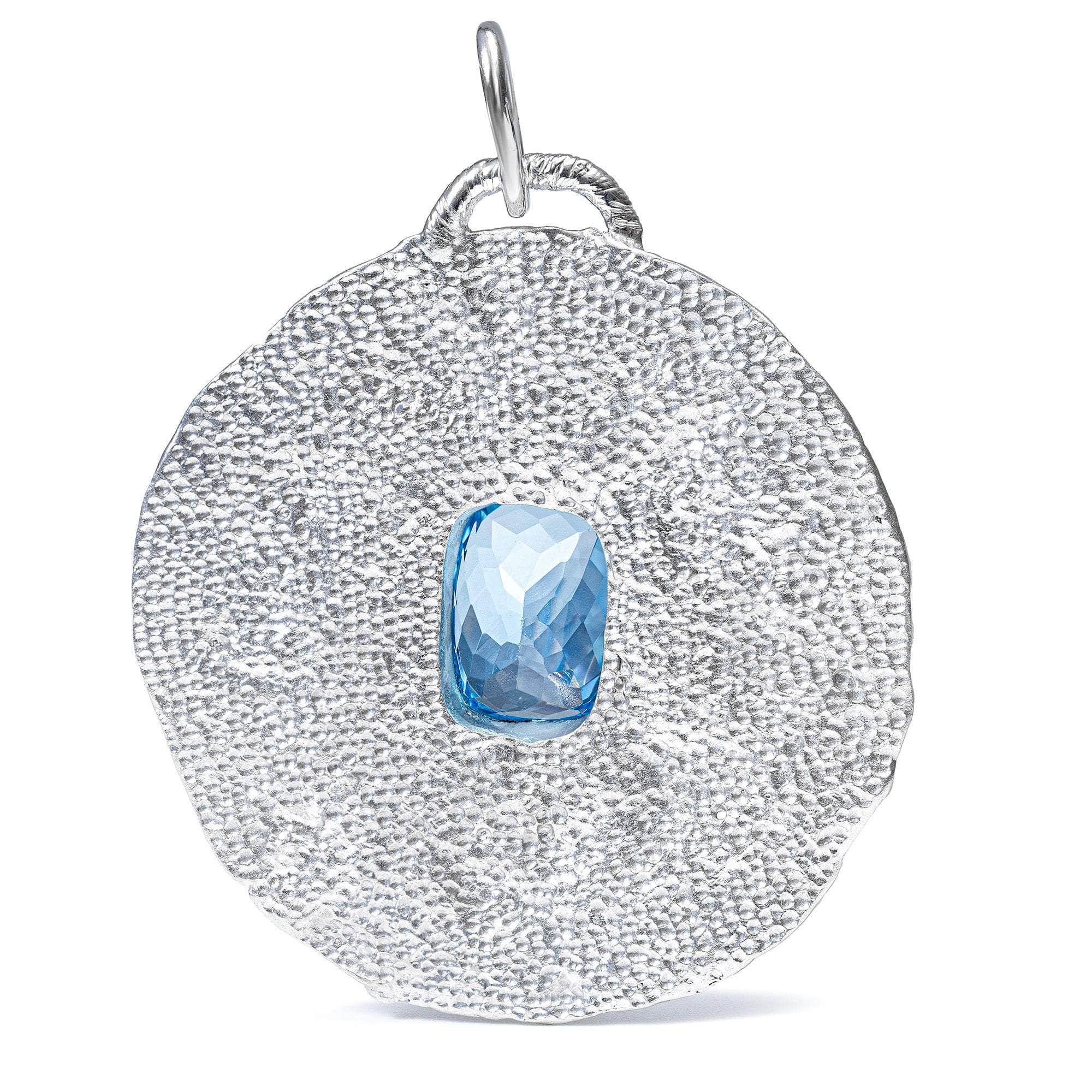 Oread One Of A Kind Disc Pendant in Textured 925 Sterling Silver with Cushion-Cut Blue Topaz