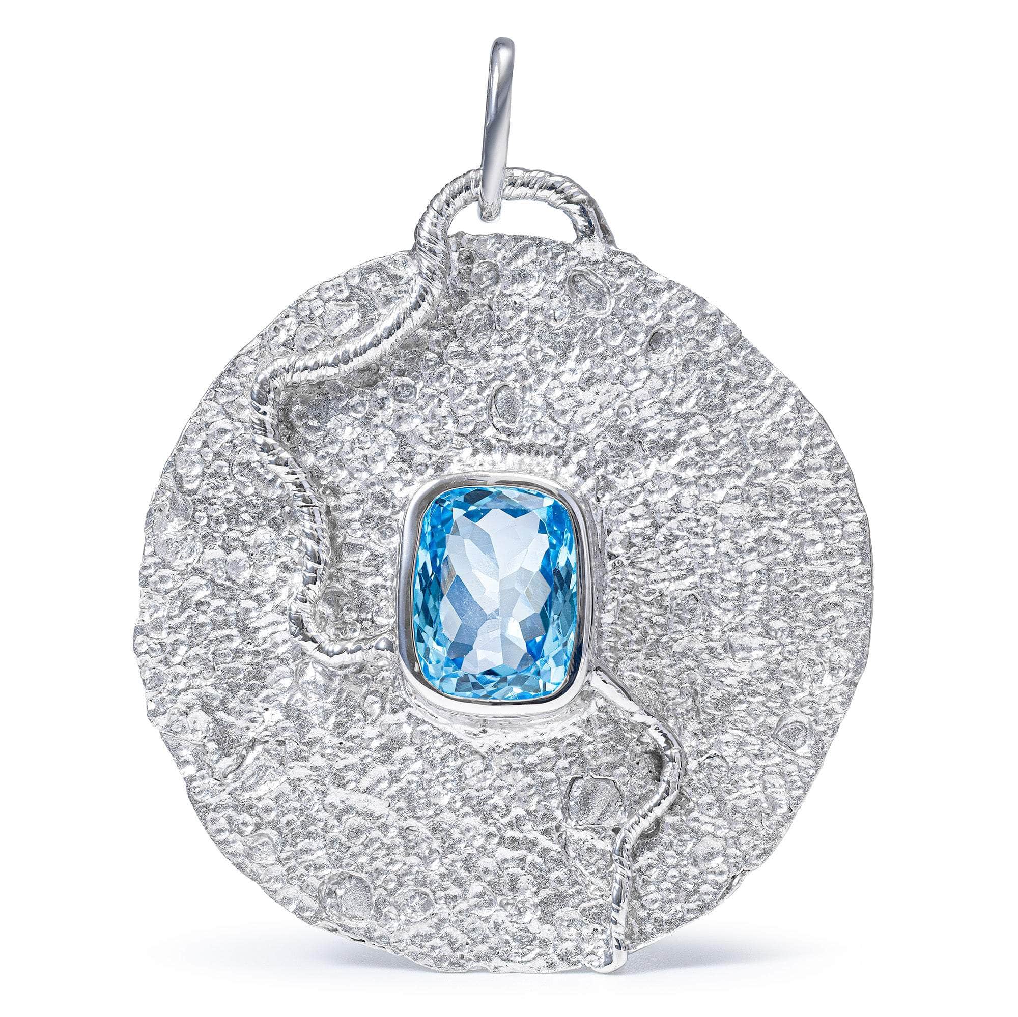 Oread One Of A Kind Disc Pendant in Textured 925 Sterling Silver with Cushion-Cut Blue Topaz