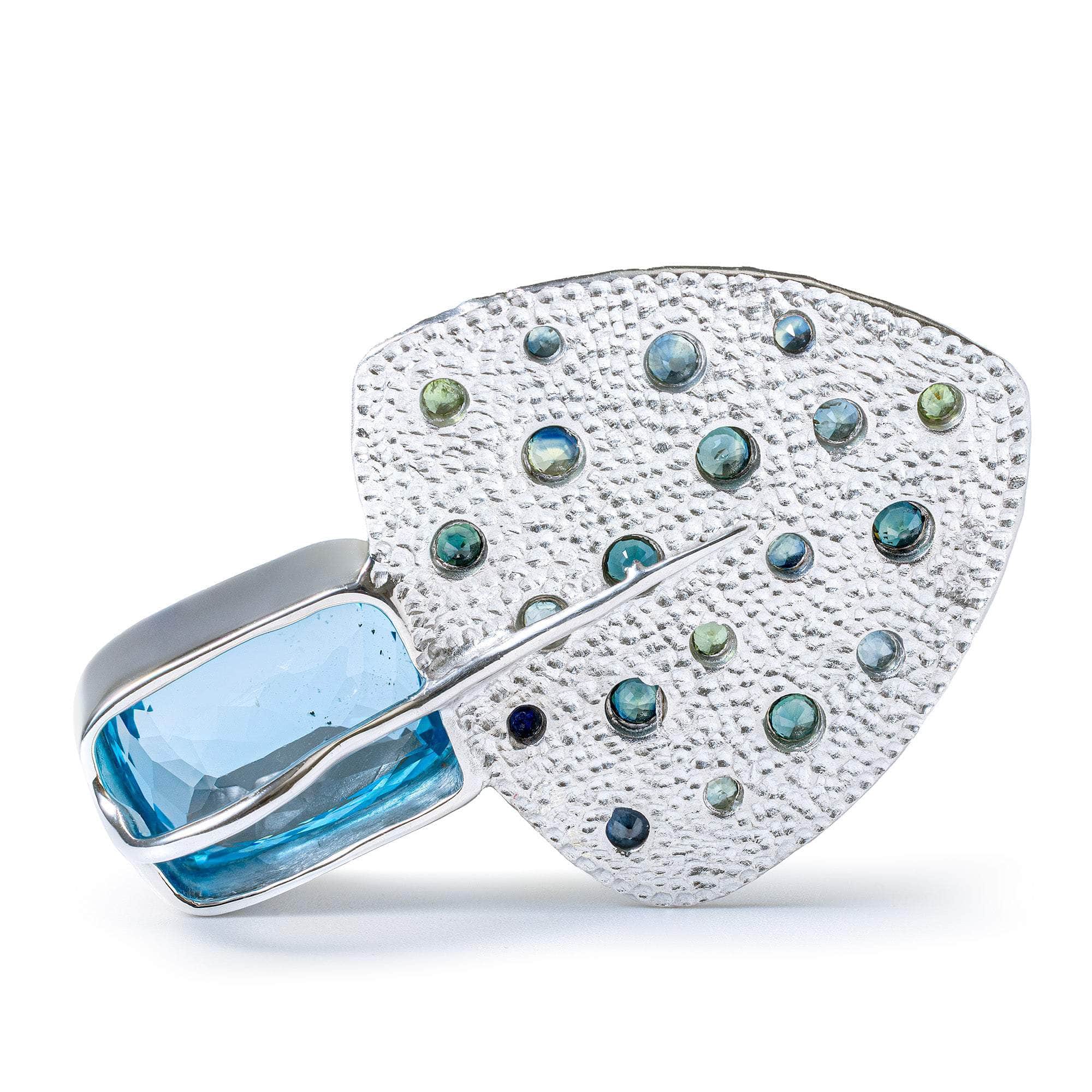 Morrigan One of a Kind Pendant in White Rhodium Plated Sterling Silver with Blue Topaz and Blue and Green Sapphires