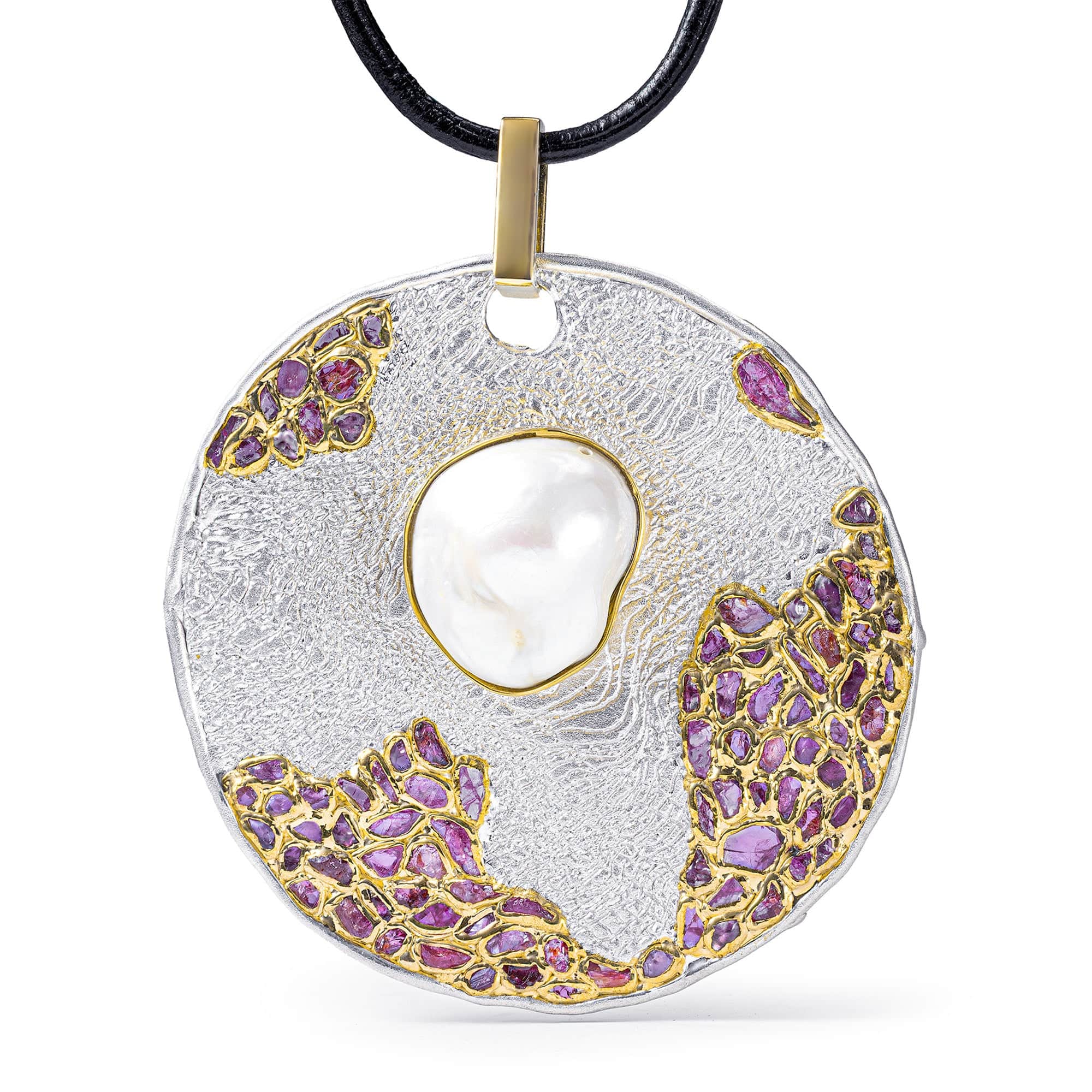 Ceres Singular Edition Silver Disc Pendant with Baroque Pearl & Rough Ruby