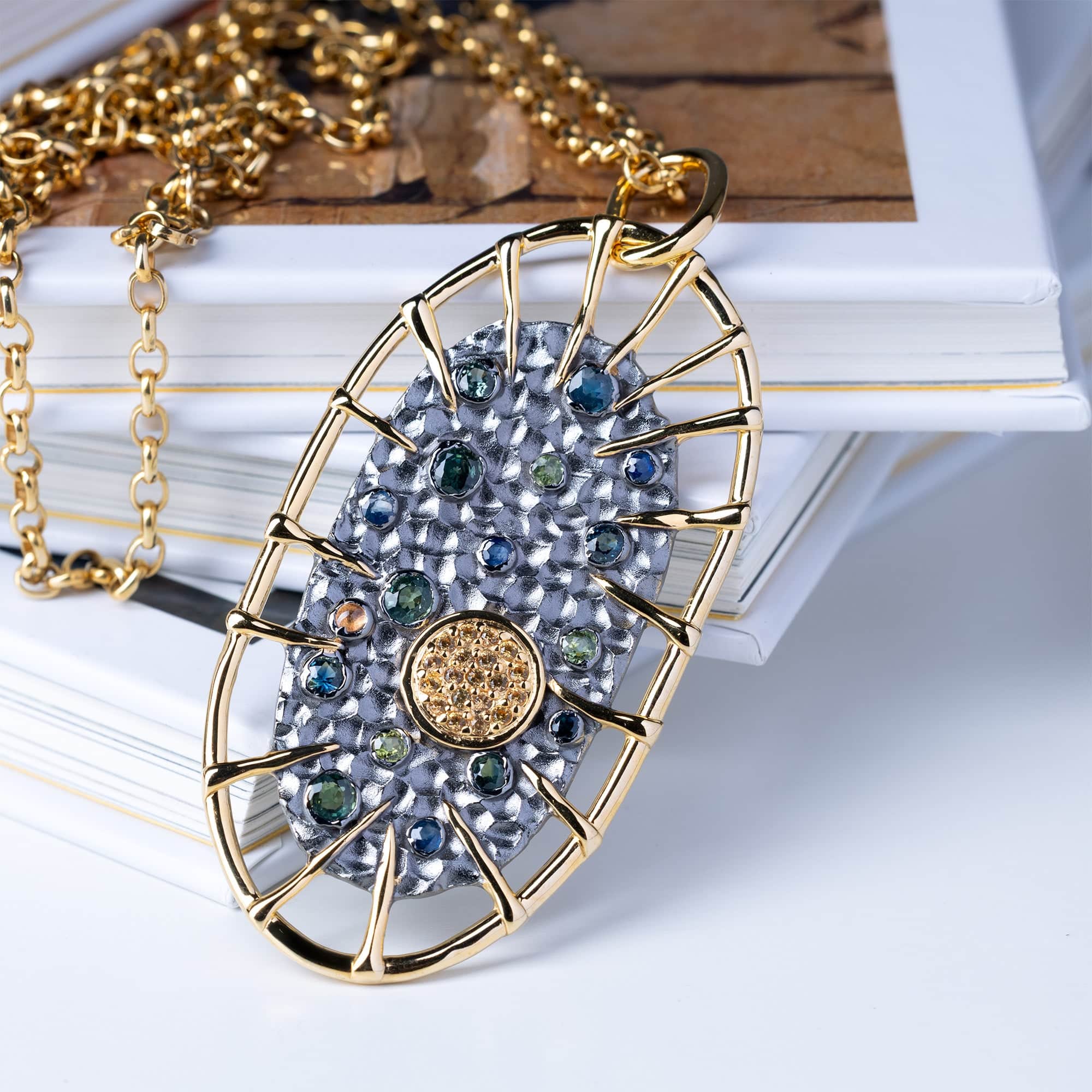 Nala Singular Edition Silver Pendant with Green, Yellow & Blue Sapphires