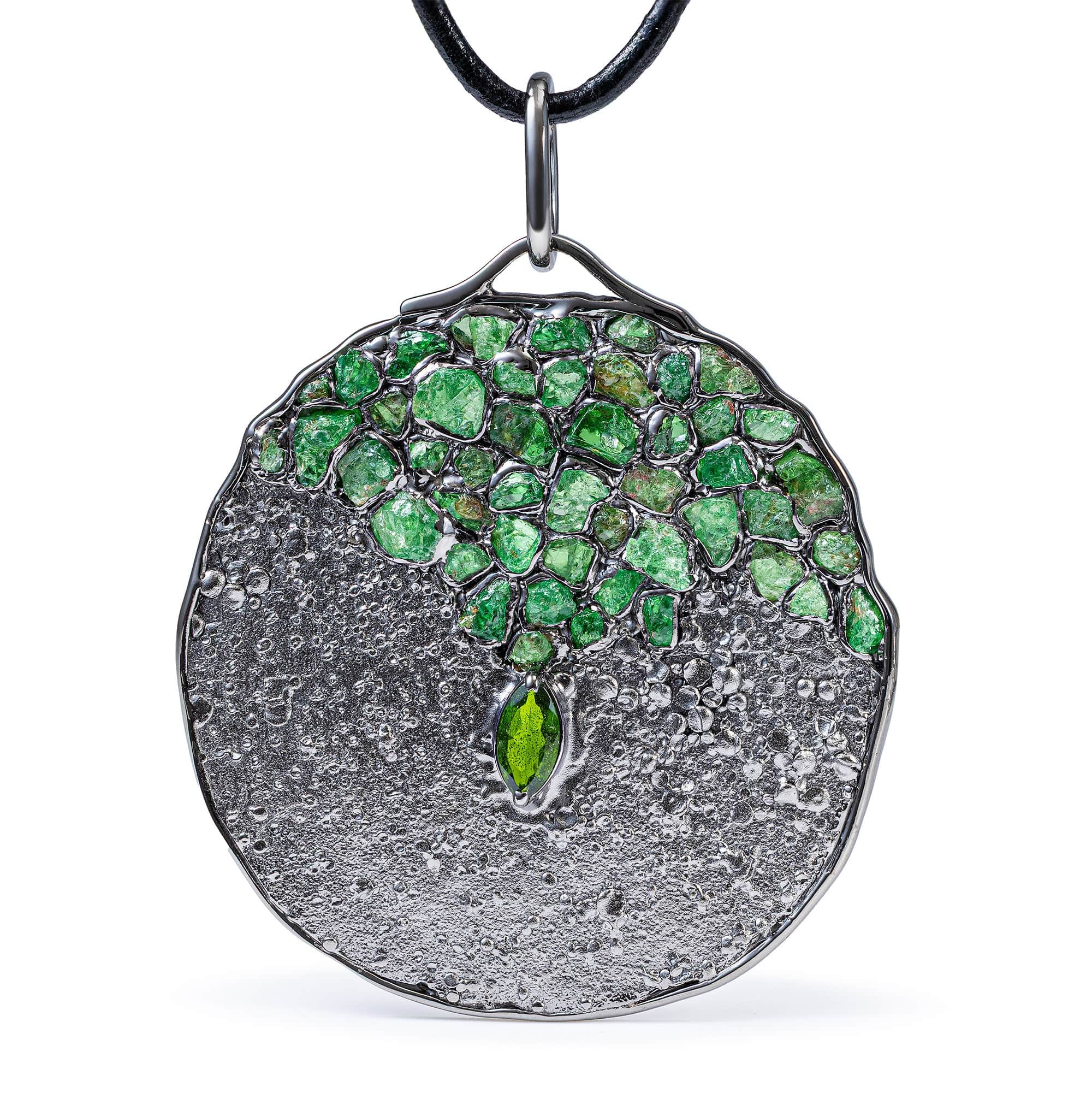 Aengus Singular Silver Pendant With Chrome Diopside & Rough Tsavorite