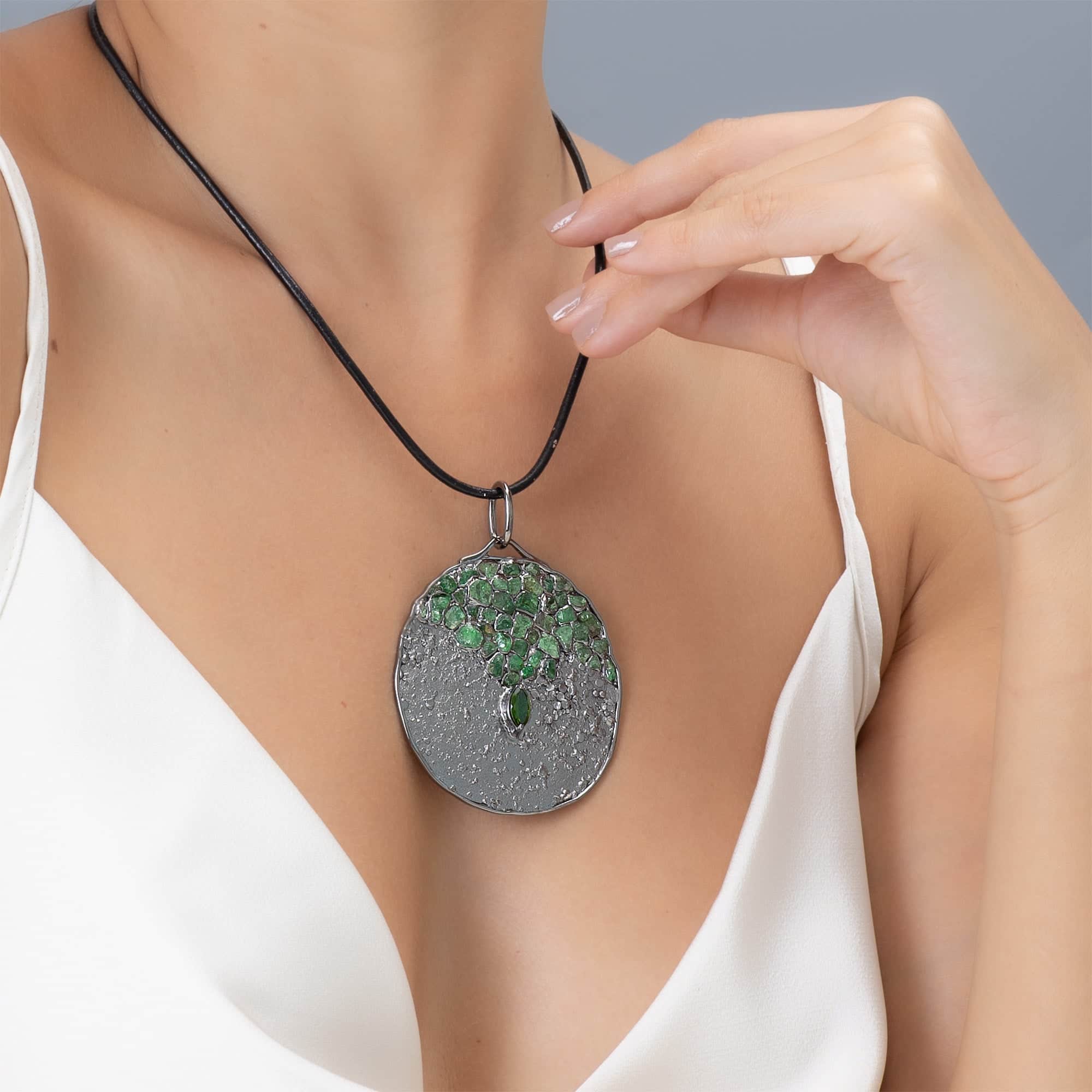 Aengus Singular Silver Pendant With Chrome Diopside & Rough Tsavorite