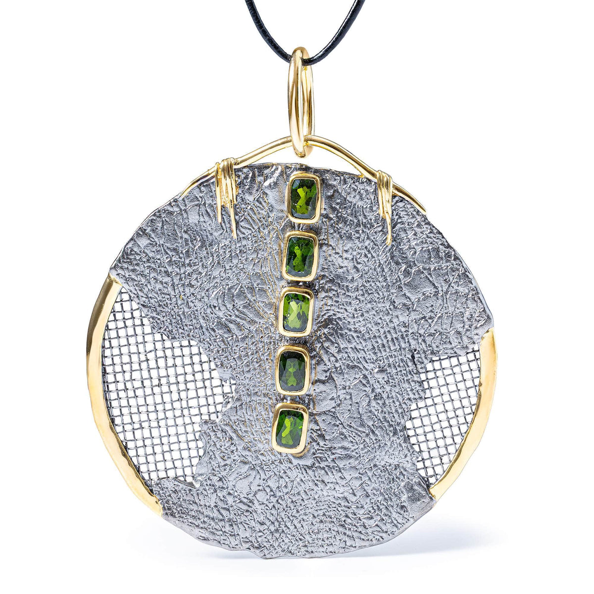 Monad Sterling Silver Pendant with Titanium Mesh and Chrome Diopside