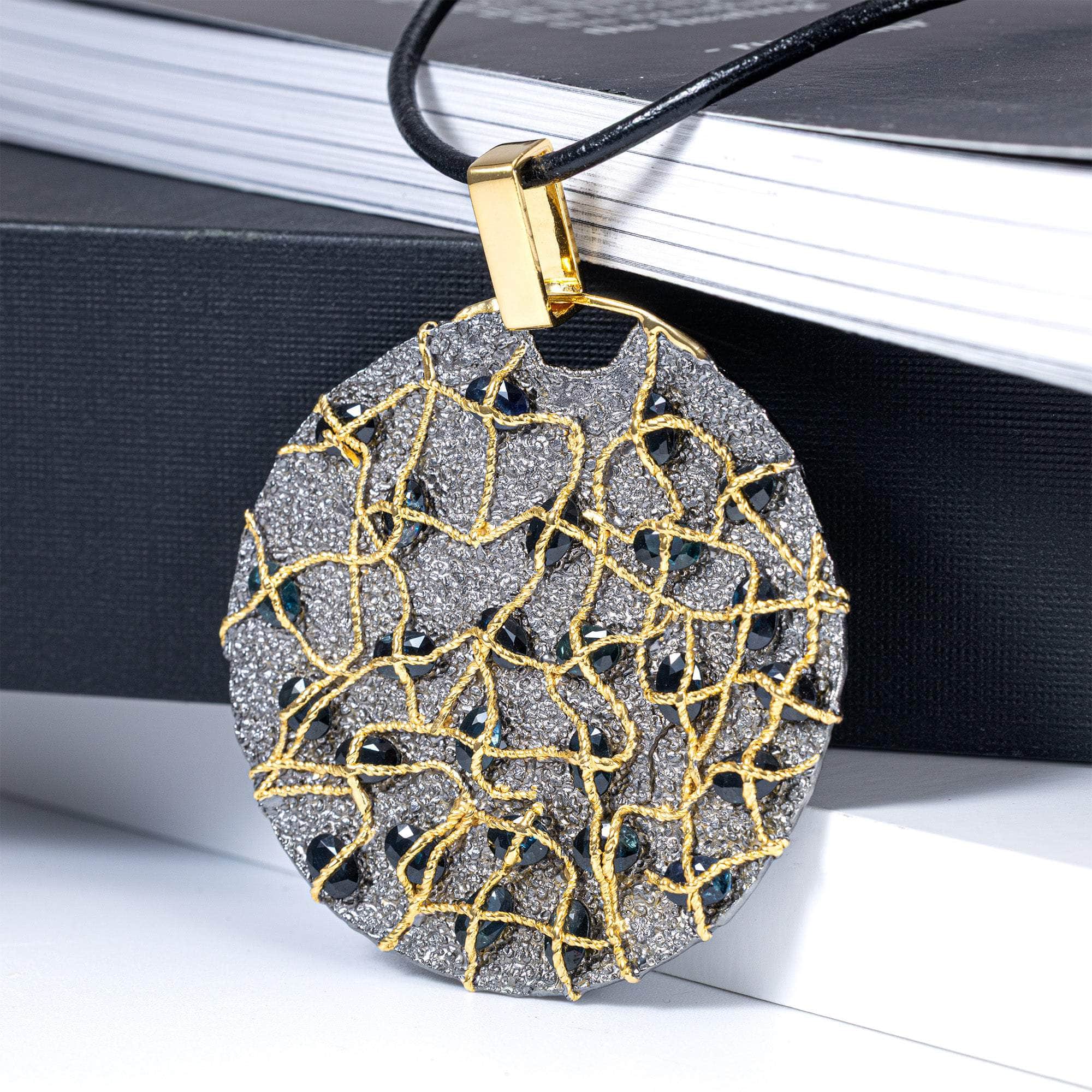 Astarte One of a Kind Disc Pendant in Ruthenium and 14K Gold Plated Sterling Silver with Blue Sapphires