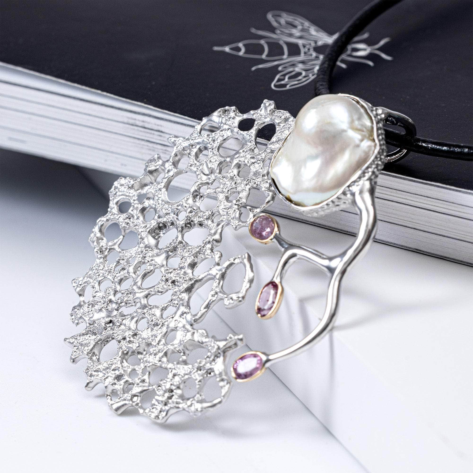 Elara One of a Kind Pendant in Sterling Silver with Freshwater Baroque Pearl and Pink Sapphires
