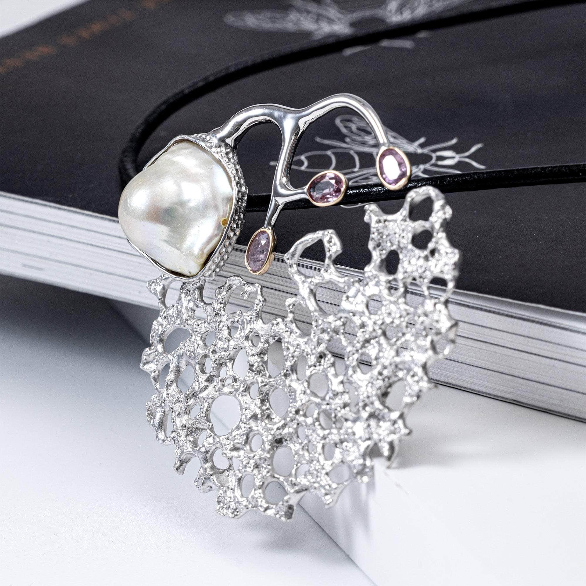 Elara One of a Kind Pendant in Sterling Silver with Freshwater Baroque Pearl and Pink Sapphires