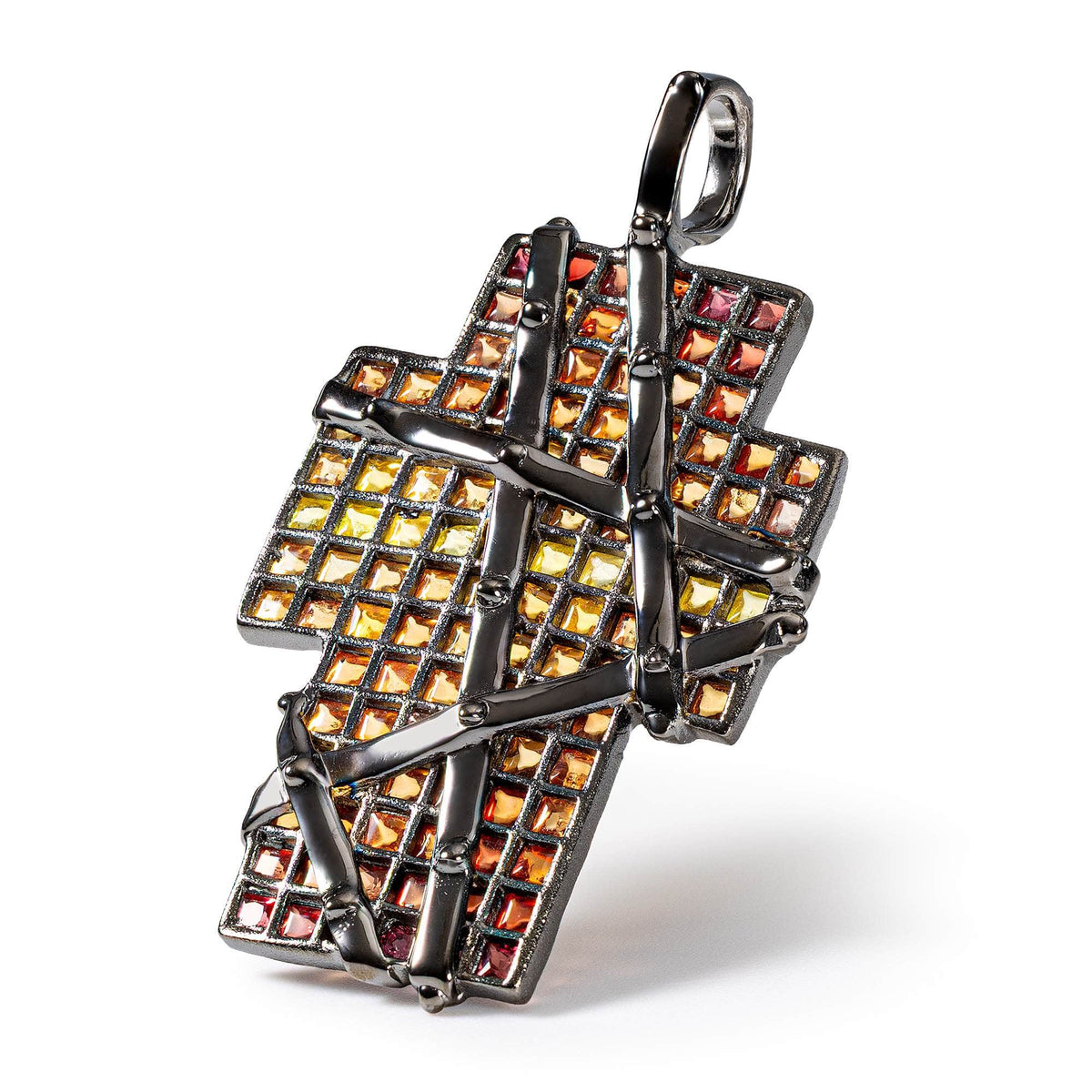 Numen Sapphire Cross Pendant in Black Ruthenium Sterling Silver