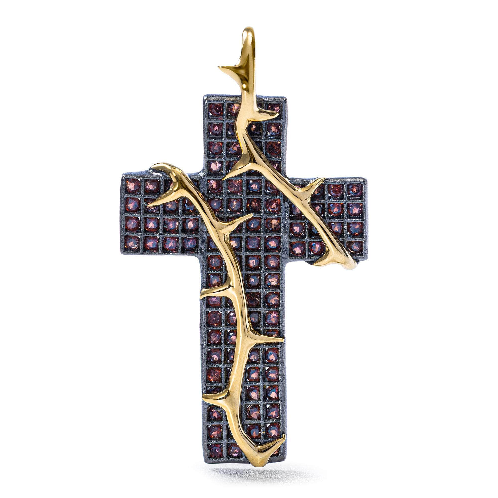 Inann One of a Kind Cross Pendant in Black Ruthenium and Gold Plated Sterling Silver with Rhodolite Garnets