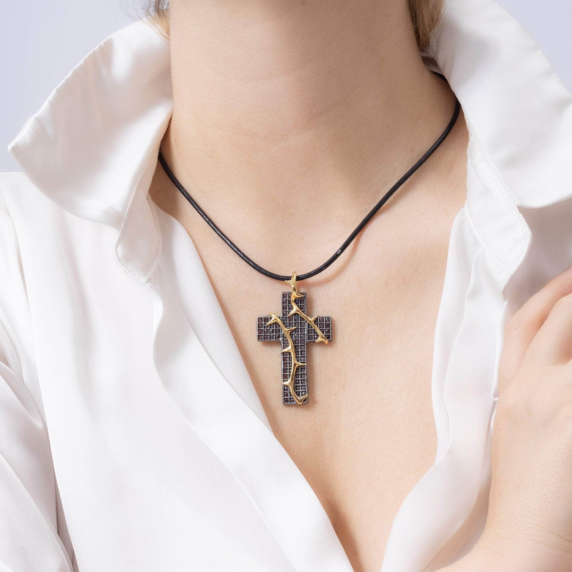 Inann One of a Kind Cross Pendant in Black Ruthenium and Gold Plated Sterling Silver with Rhodolite Garnets