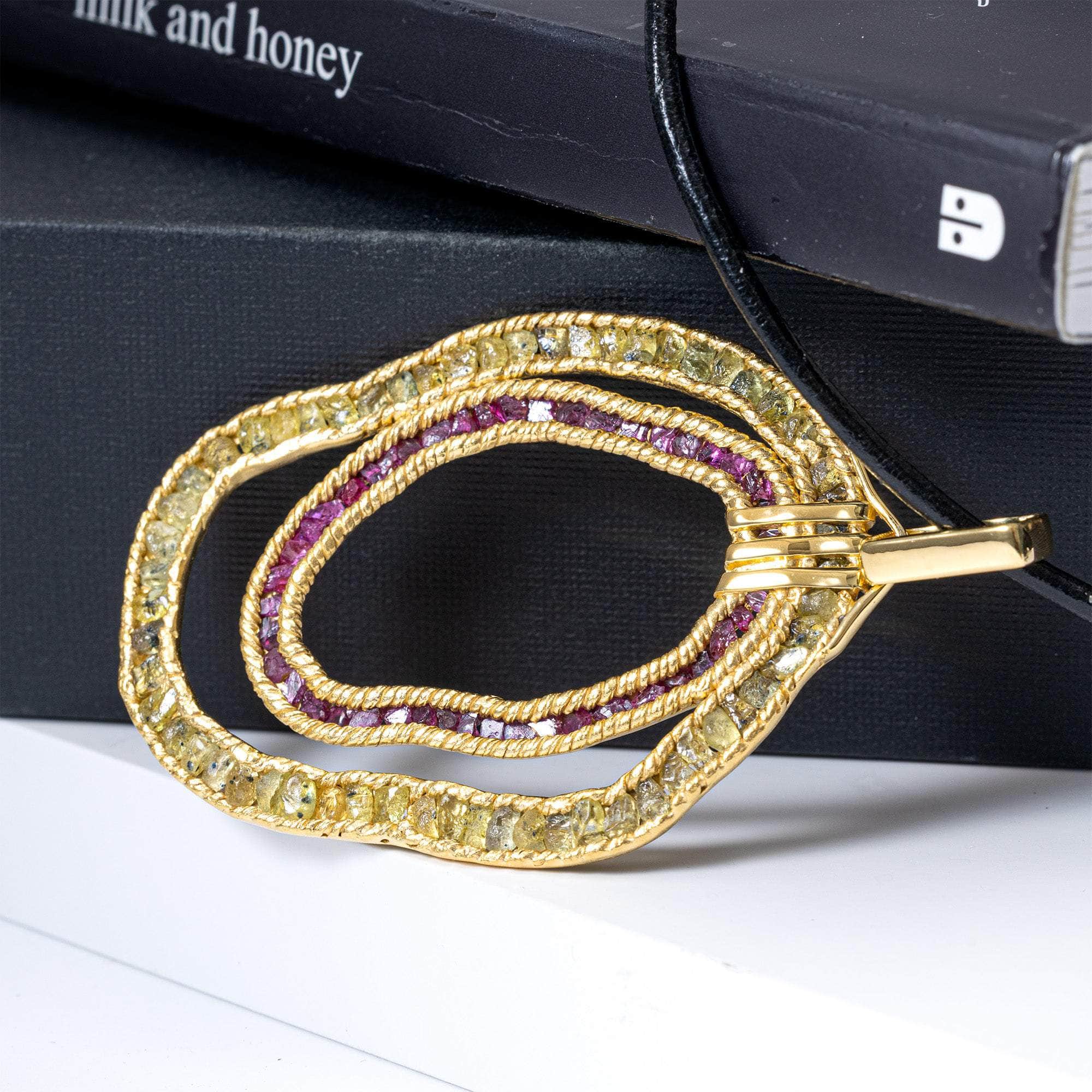 Astraea One of a Kind Pendant in 14K Gold Plated Sterling Silver with Raw Ruby and Raw Yellow Sapphire Circles