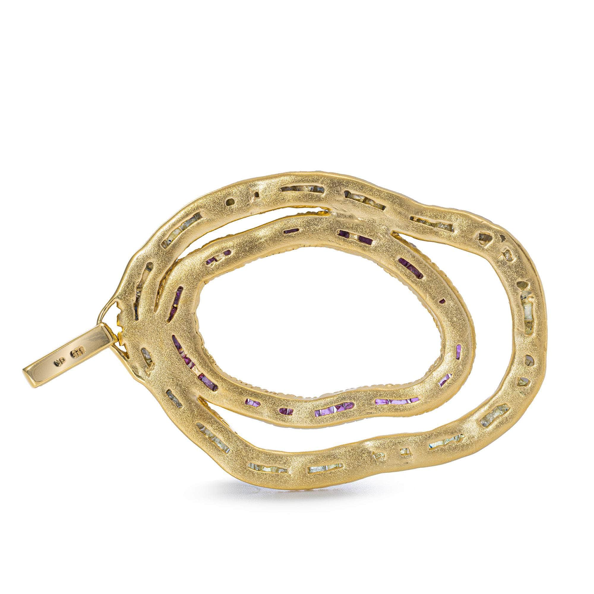 Astraea One of a Kind Pendant in 14K Gold Plated Sterling Silver with Raw Ruby and Raw Yellow Sapphire Circles