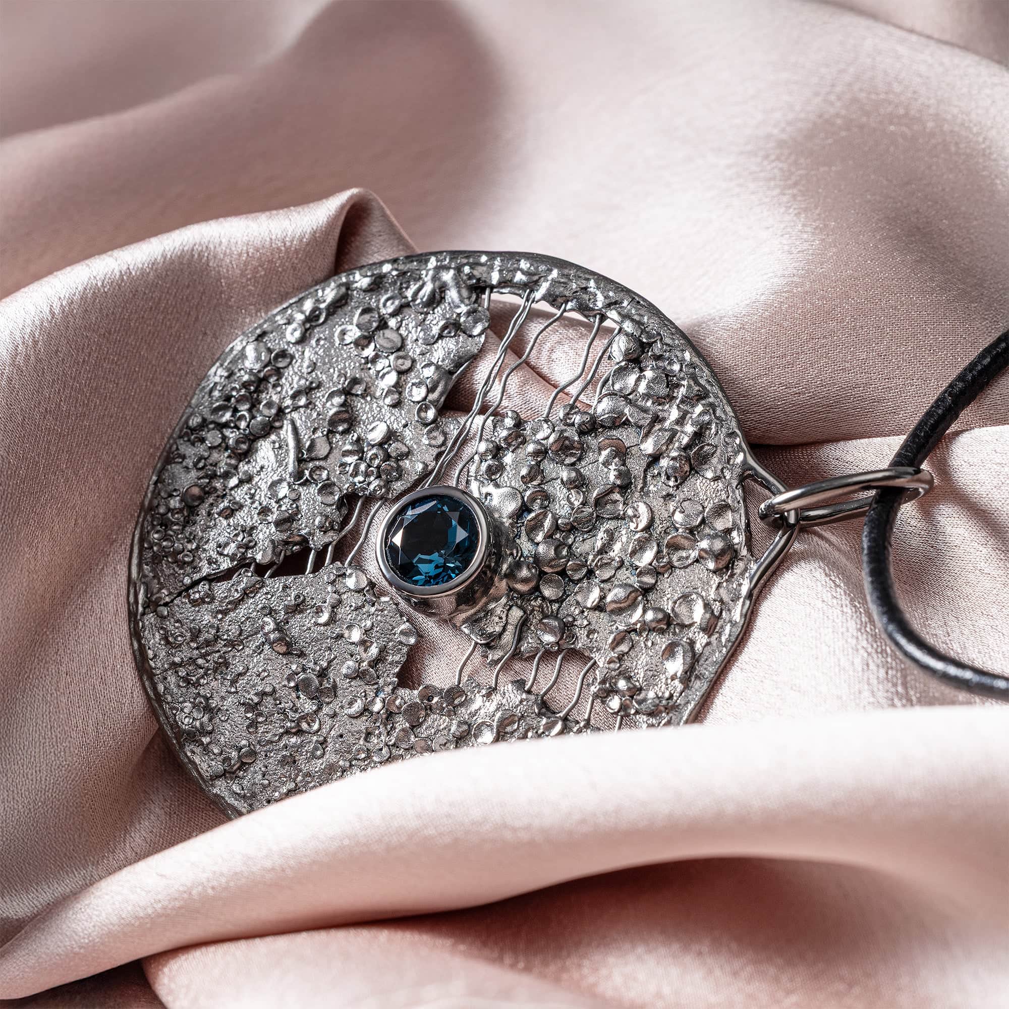 Rhiannon Singular Edition Silver & Titanium Mesh Pendant With Blue Topaz