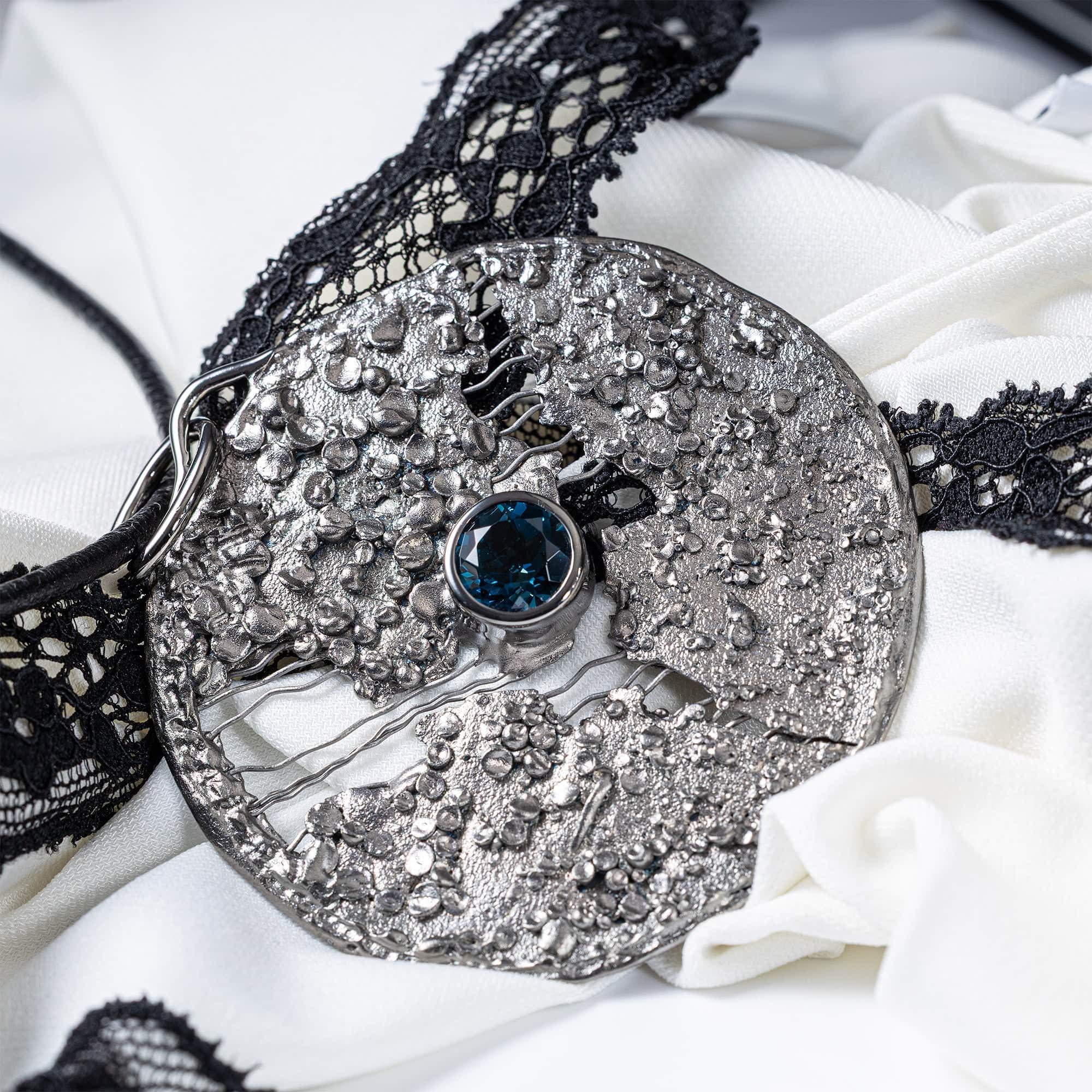 Rhiannon Singular Edition Silver & Titanium Mesh Pendant With Blue Topaz