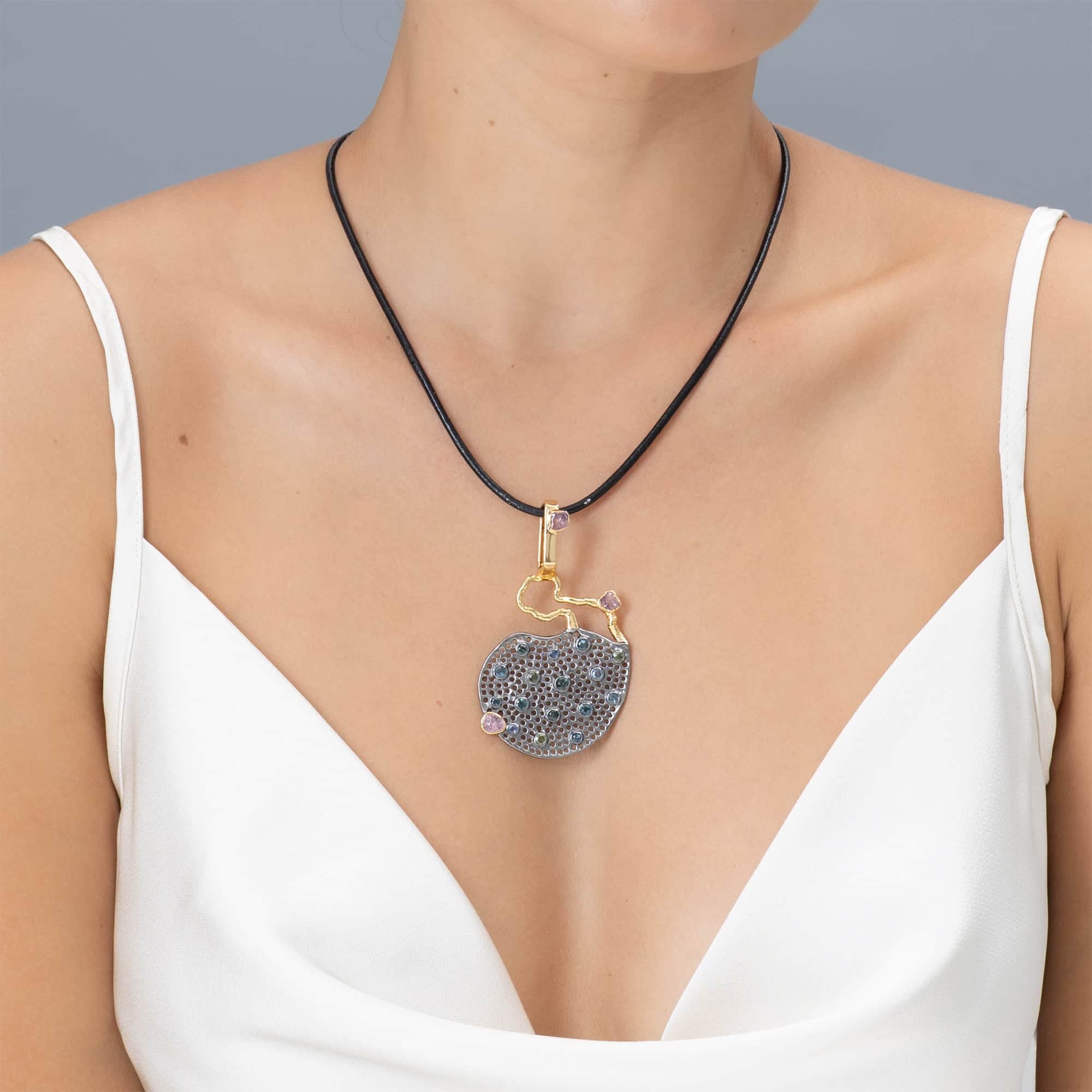 Nota Singular Edition Silver Pendant With Raw Pink Sapphire & Green & Blue Sapphires