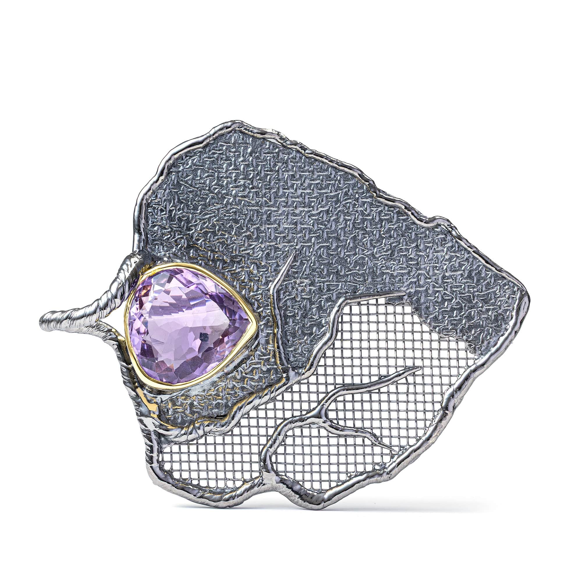 Pneuma Singular Edition Silver & Titanium Mesh Pendant with Pear Cut Amethyst