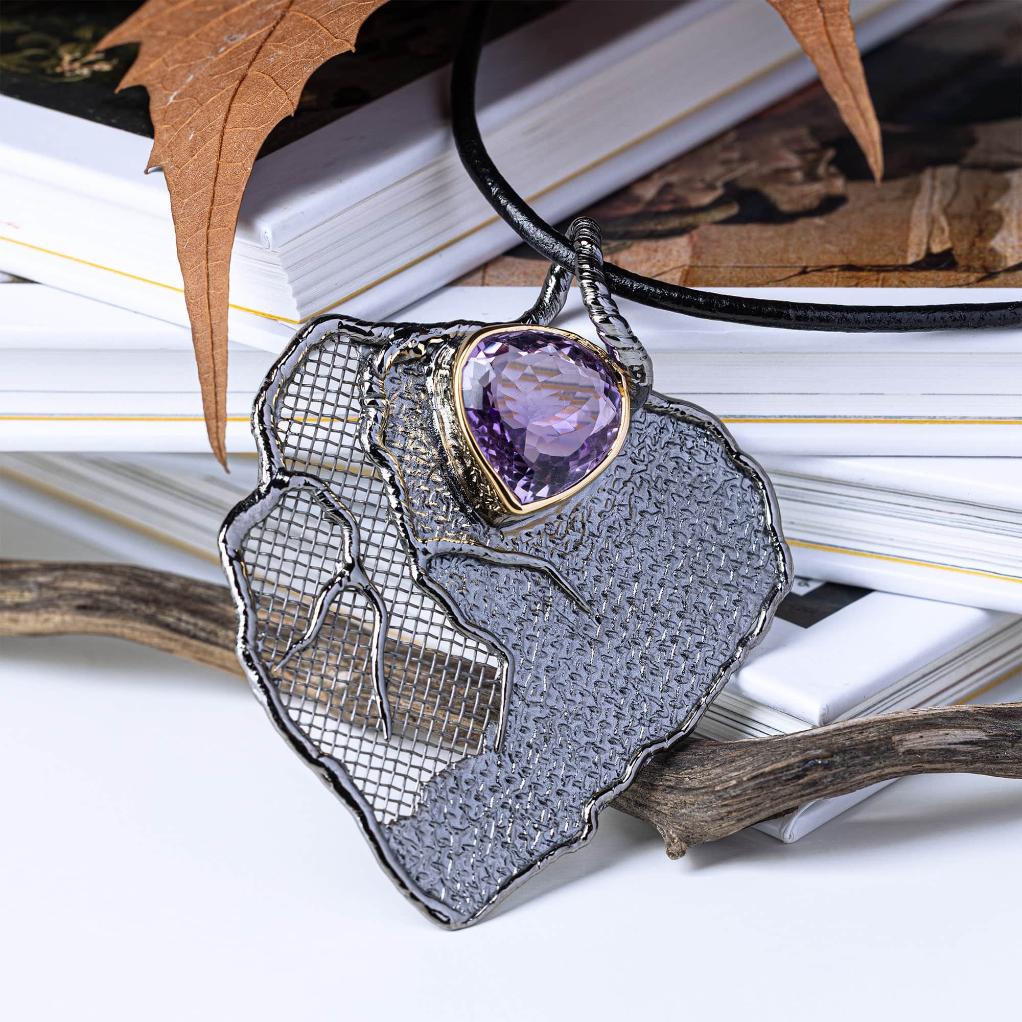 Pneuma Singular Edition Silver & Titanium Mesh Pendant with Pear Cut Amethyst