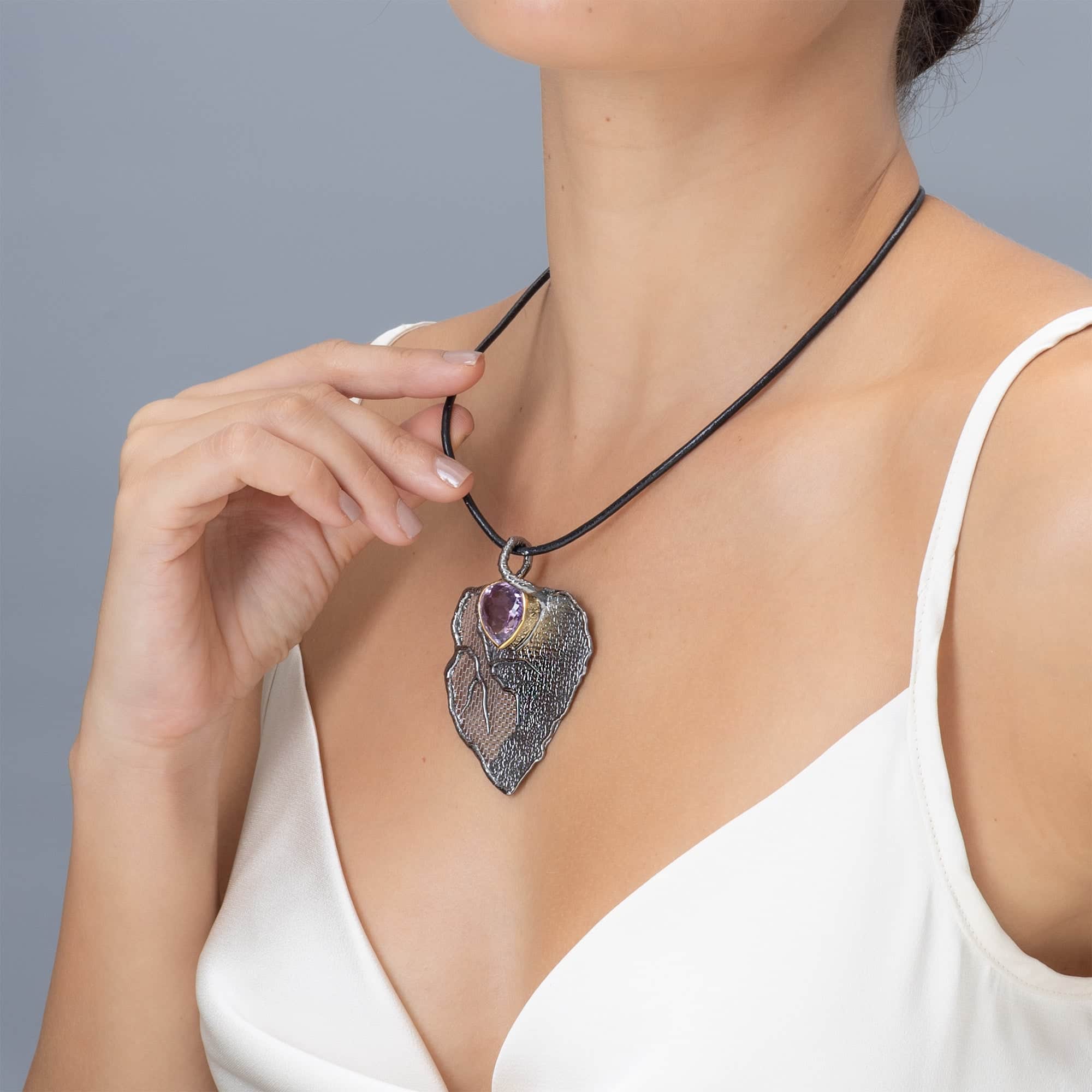 Pneuma Singular Edition Silver & Titanium Mesh Pendant with Pear Cut Amethyst