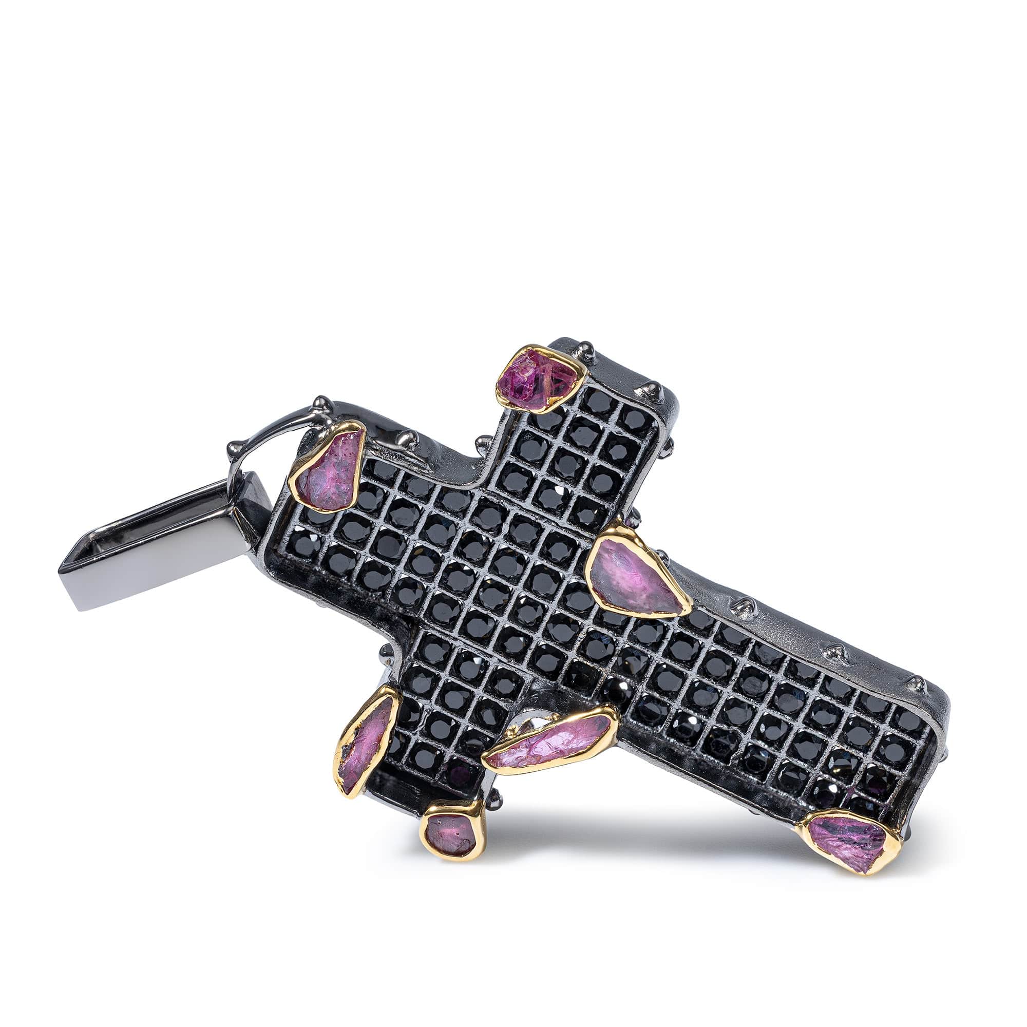 Logos Singular Edition Cross Pendant in Silver with Raw Rubies and Black Spinel