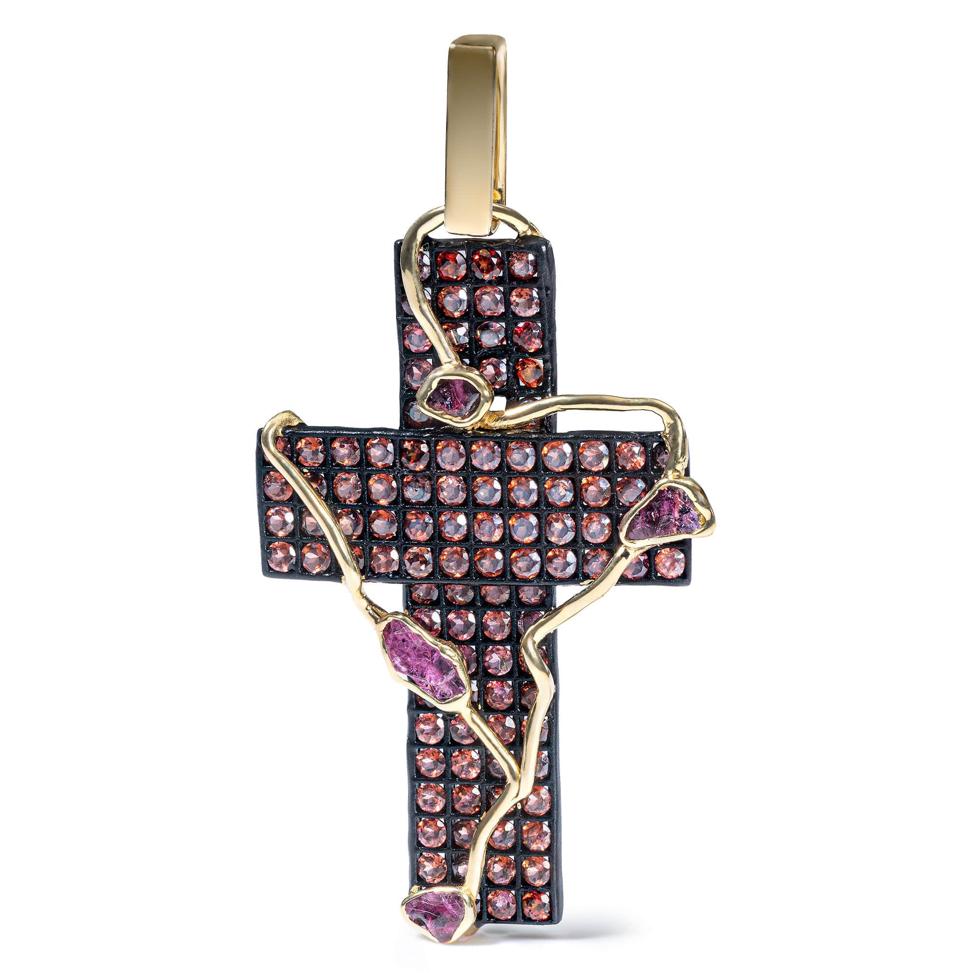 Axis Singular Edition Silver Cross Pendant with Rough Ruby and Orange Sapphire
