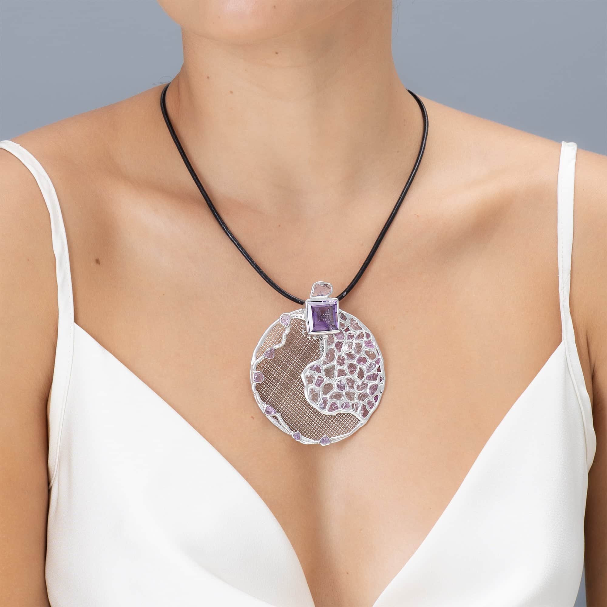 Nuaz Singular Silver & Titanium Mesh Pendant With Amethyst, Sapphire & Ruby