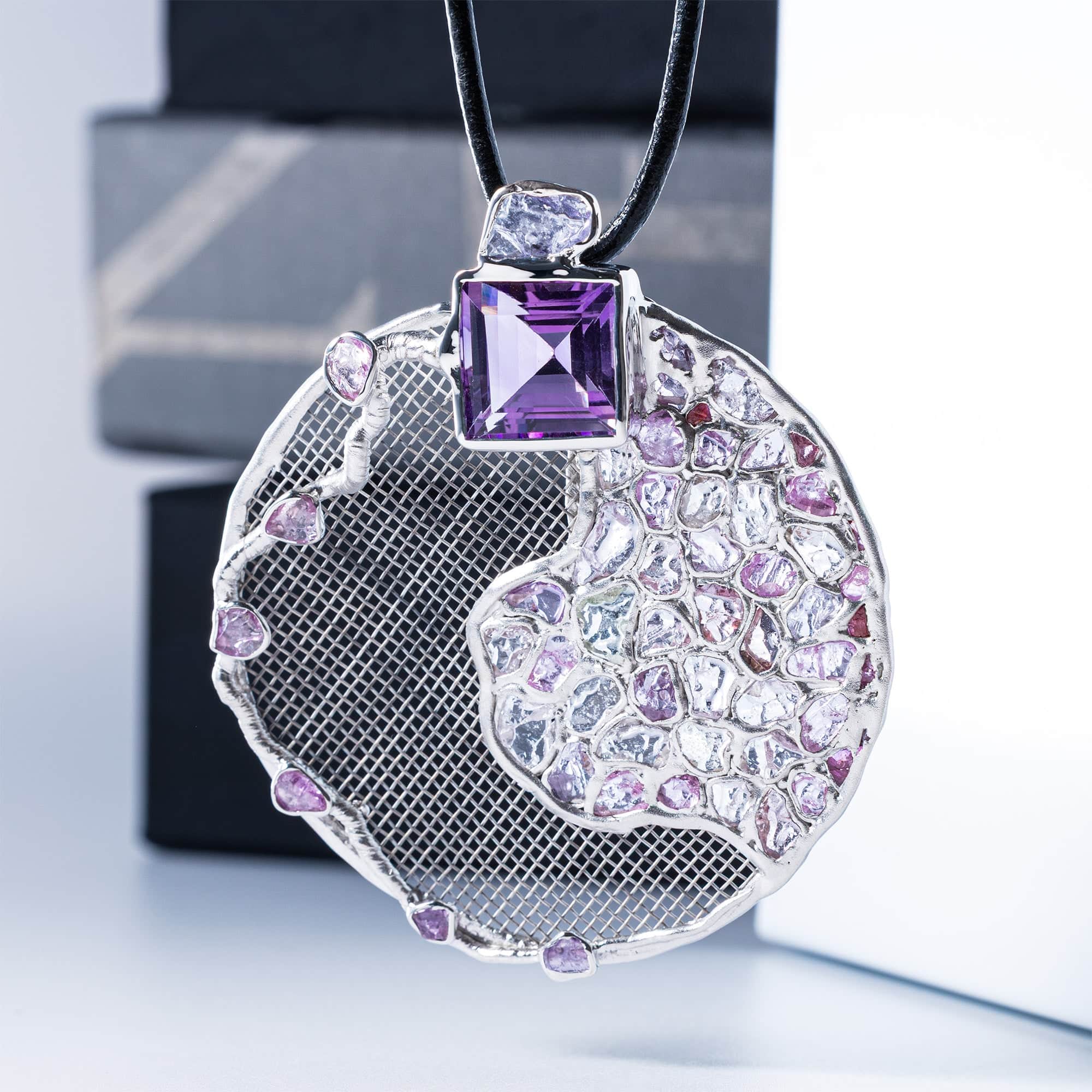 Nuaz Singular Silver & Titanium Mesh Pendant With Amethyst, Sapphire & Ruby