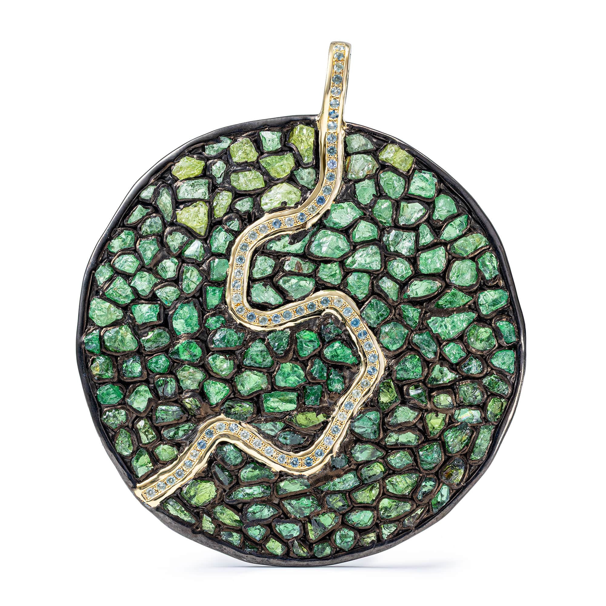 Ergon Singular Edition Pendant with Raw Chrome Diopside, Tsavorite & Blue Sapphires