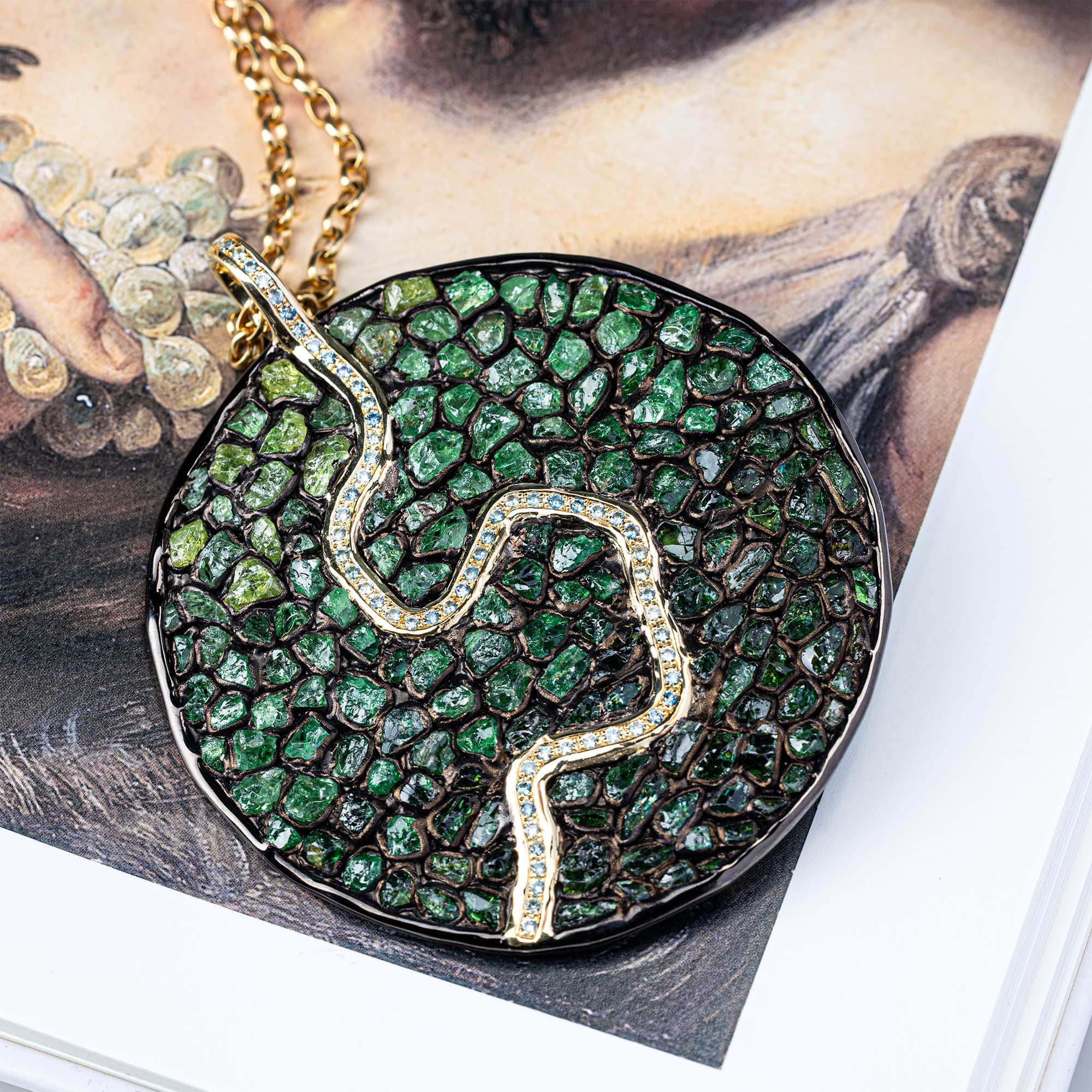Ergon Singular Edition Pendant with Raw Chrome Diopside, Tsavorite & Blue Sapphires