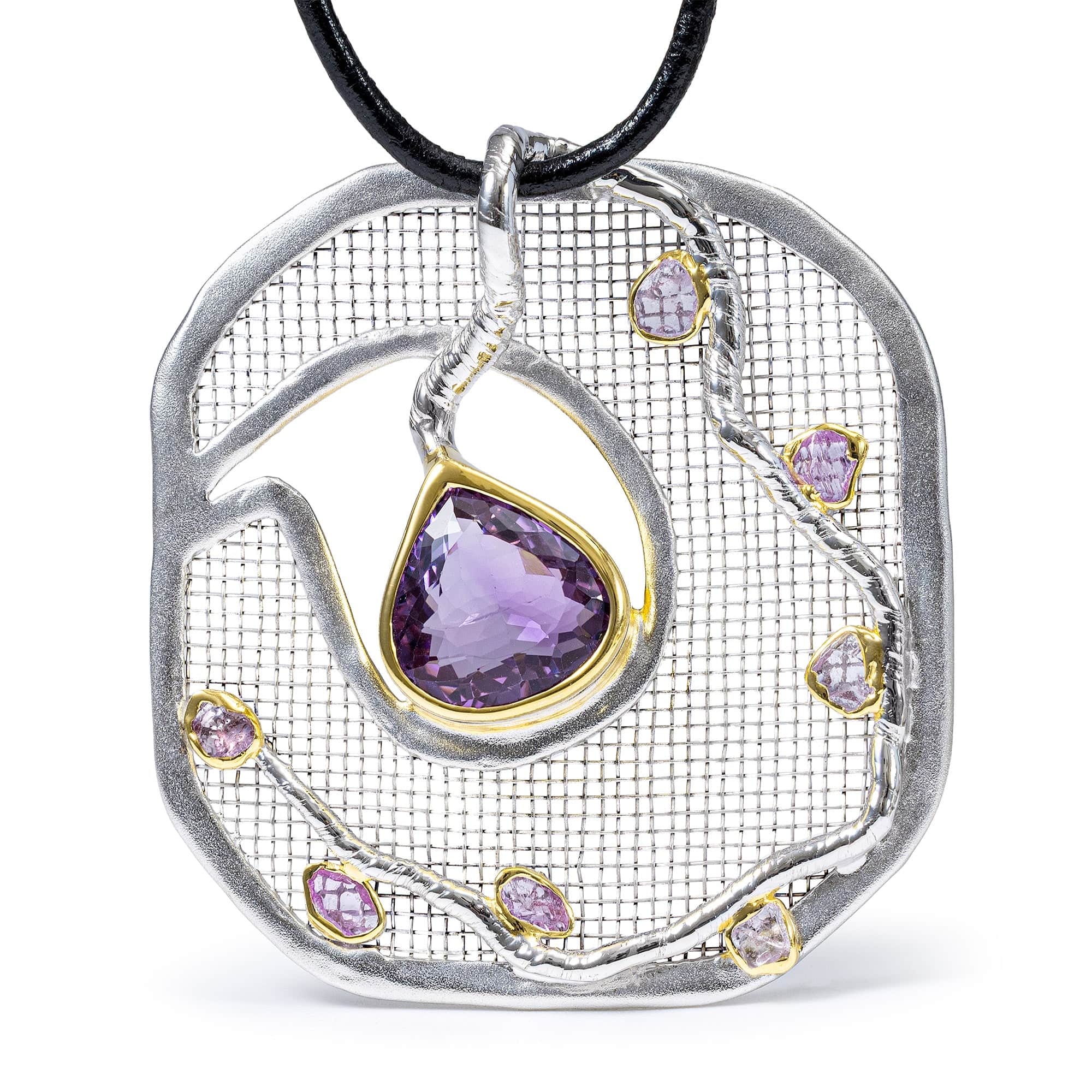Ashna Singular Sterling Silver Pendant With Pink Sapphires & Amethyst