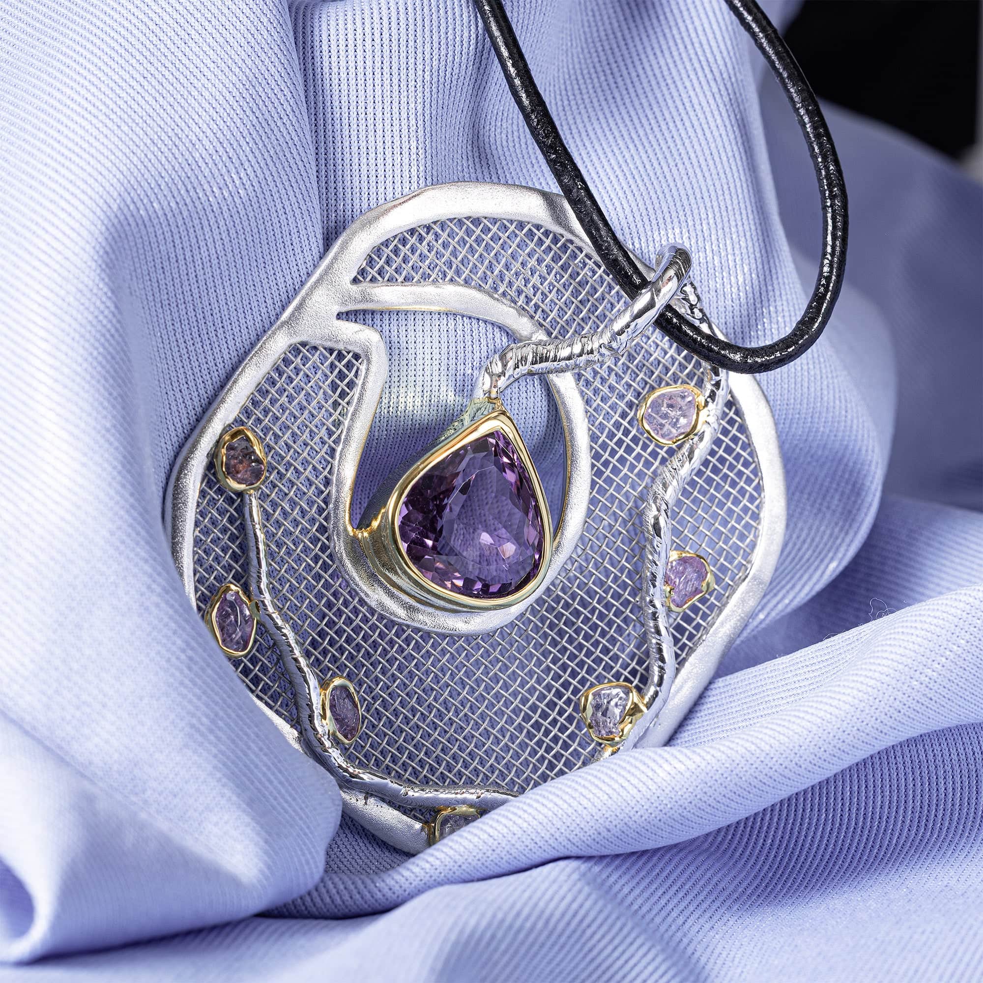 Ashna Singular Sterling Silver Pendant With Pink Sapphires & Amethyst