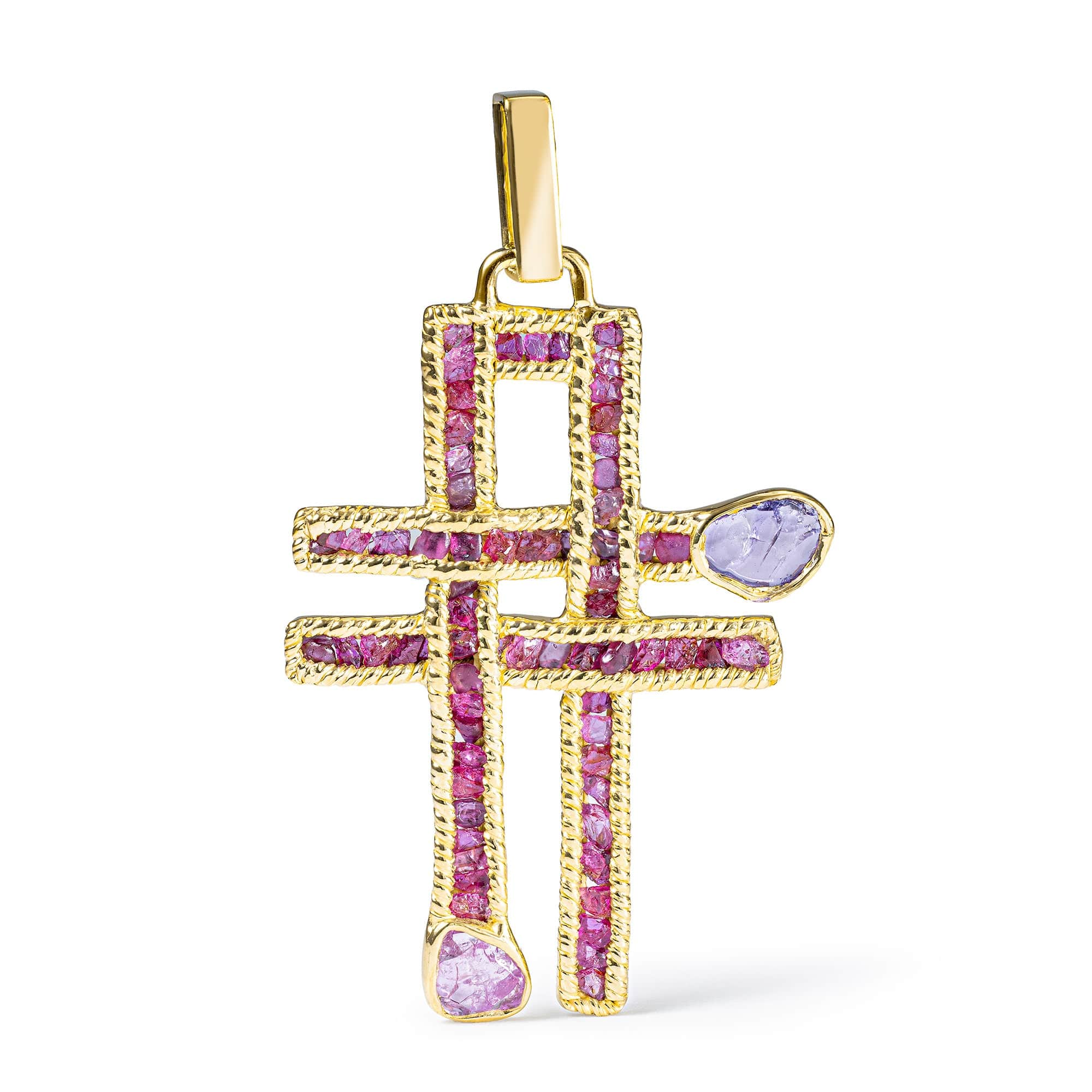 Kors Singular Edition Raw Ruby and Pink Spinel Cross Pendant in Gold-Plated Sterling Silver