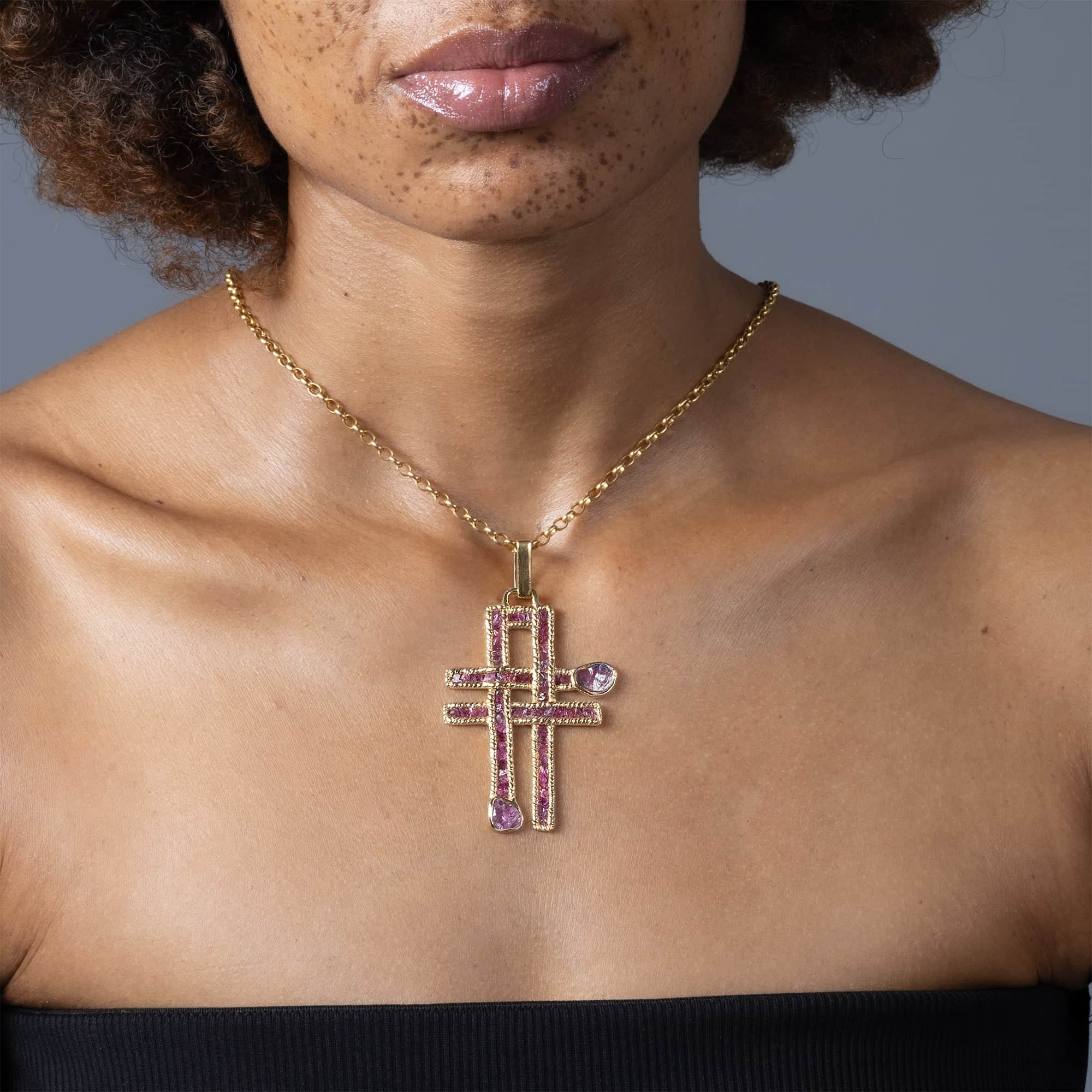 Kors Singular Edition Raw Ruby and Pink Spinel Cross Pendant in Gold-Plated Sterling Silver